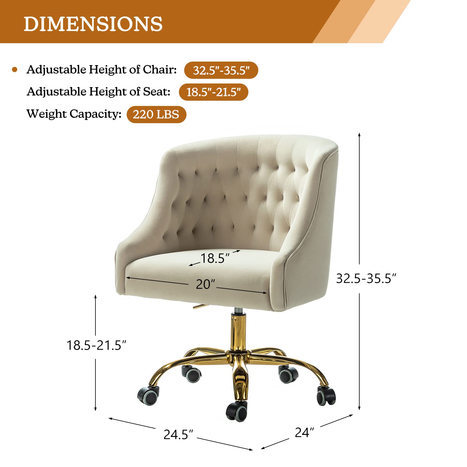 Luxury Velvet Home Office Chair with Gold Base - Modern Adjustable Swivel Task Chair for Living Room, Bedroom & Study - Soft Comfortable Desk Chair for Working, Gaming & Vanity (Tan)
