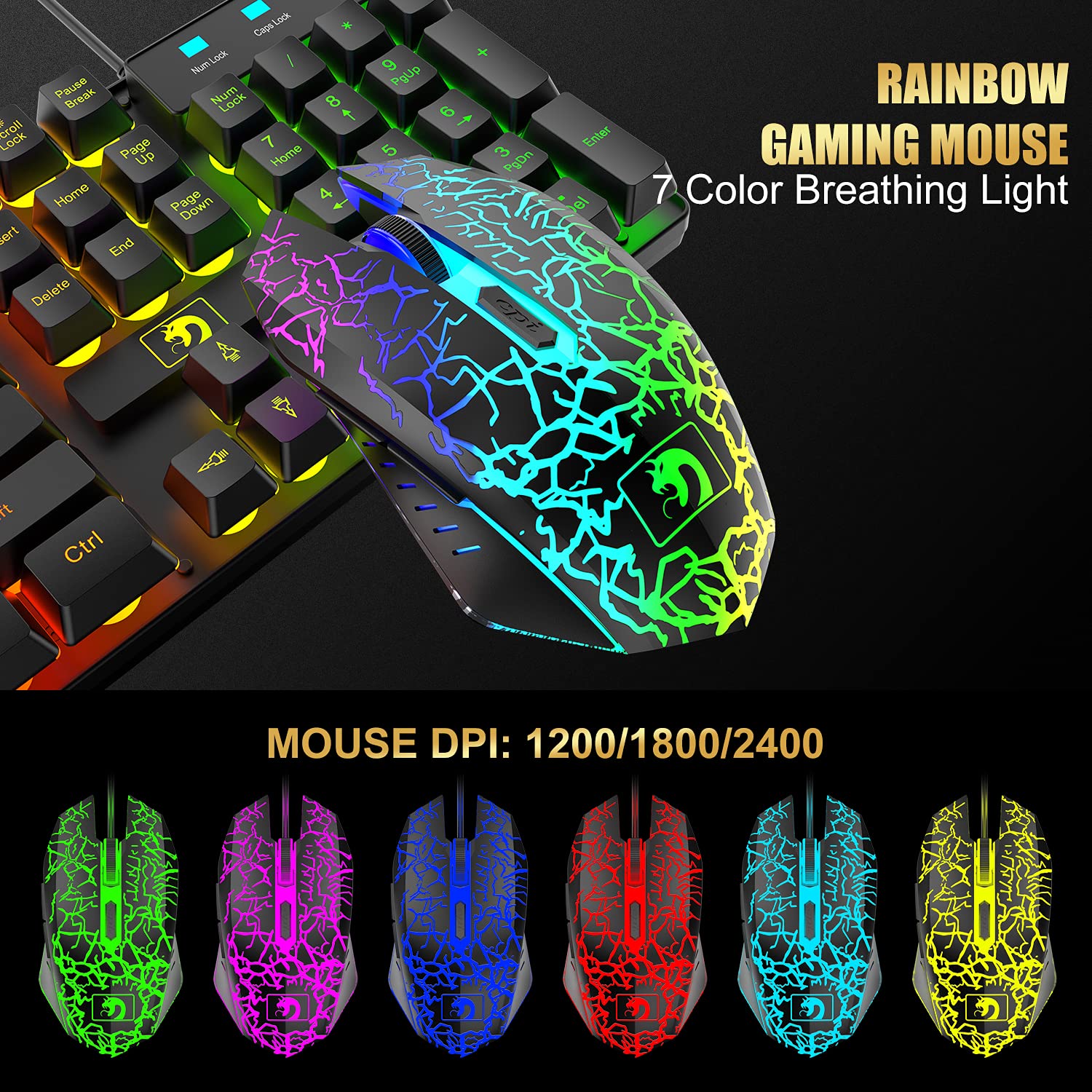 RGB Gaming Keyboard and Mouse Combo with Headset - Wired Mechanical Keyboard, Over-Ear Gaming Headphones with Mic, LED Backlit Mouse & Mouse Pad - Compatible with PC, Laptop, Mac, PS4, Xbox (Black) - Perfect for Esports, Streaming & Office Work