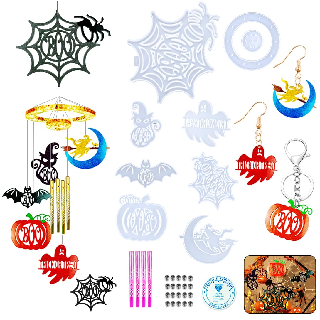 8-Piece Halloween Spider Wind Chime Silicone Molds for DIY Resin Crafting - Epoxy Resin Casting Kit for Spooky Home Decor, Garden Ornaments & Unique Handmade Gifts
