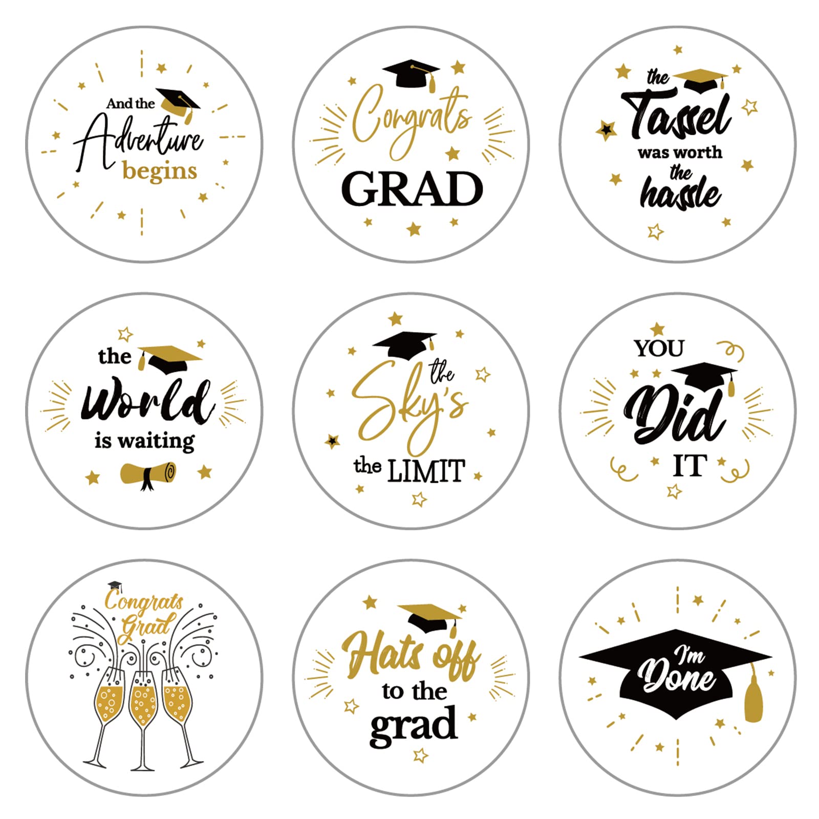 Lucleag 360PCS Graduation Round Stickers - Class of 2025 Graduation Gift Tags & Congrats Stickers - Black & Gold Envelope Seals for Candy, Cards & Party Decor - Perfect for Kids Graduation Ceremonies & School Celebrations
