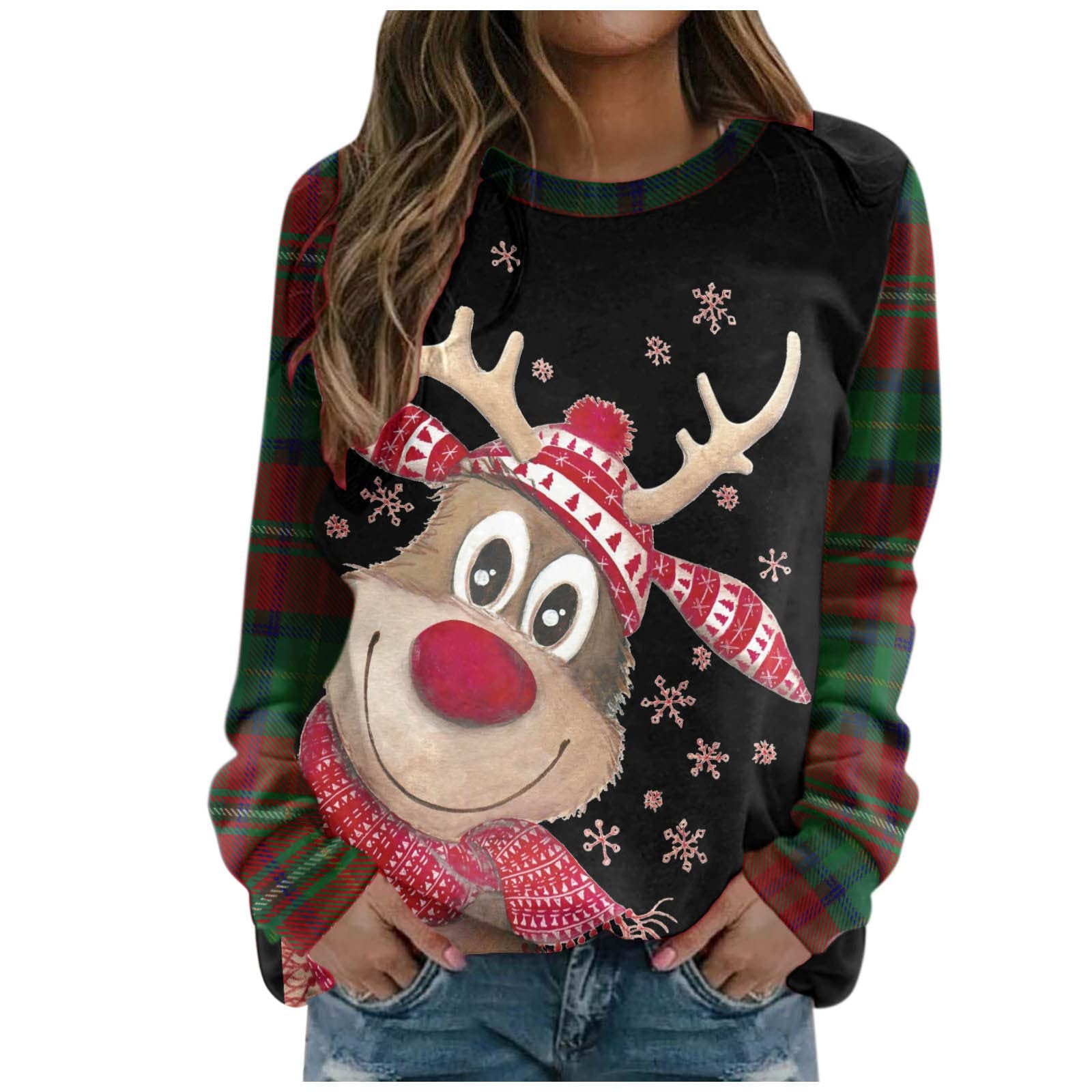 Women's Christmas Plaid Shirts with Snowman Print - Long Sleeve Casual Loose Fit O-Neck Sweatshirt Tops for Holiday Parties & Winter Outfits