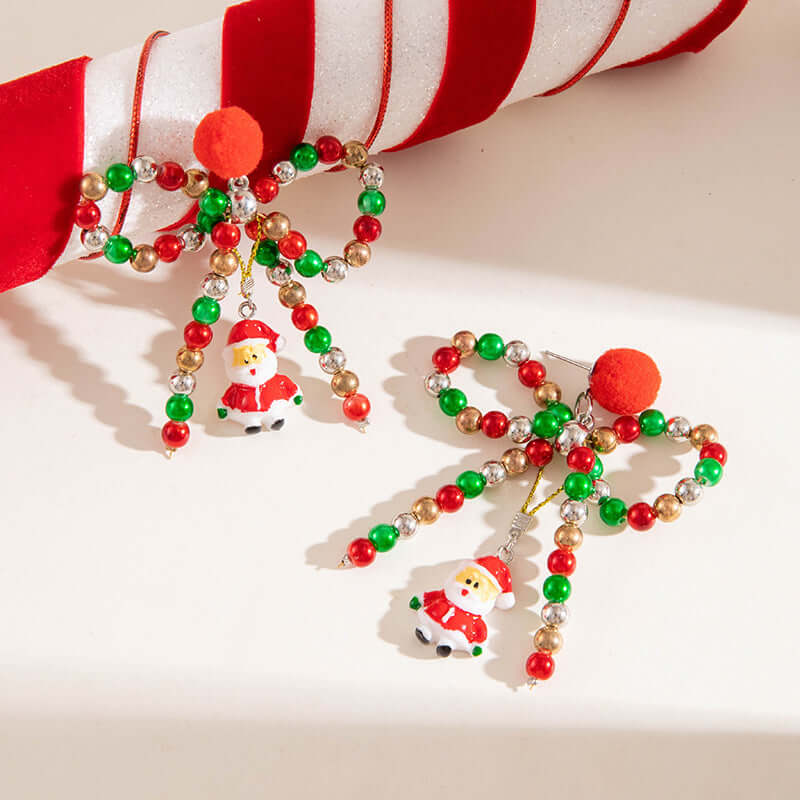 Festive Christmas Santa Claus Drop Earrings with Knit Ball & Huge Bow – Perfect for Holiday Parties, Gift Exchanges & Seasonal Celebrations (Style E7729)