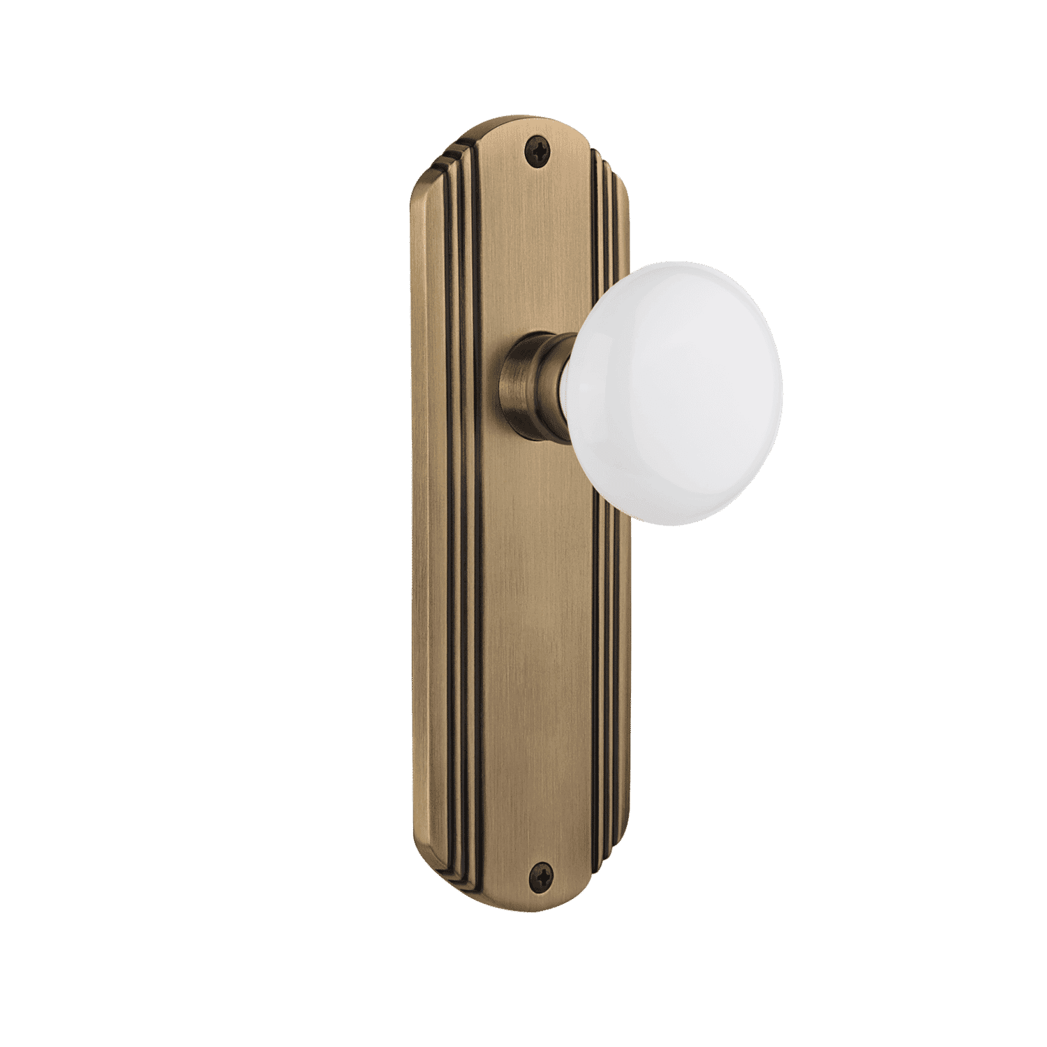 Antique Brass Deco Long Plate with White Porcelain Knob - Elegant Cabinet & Drawer Pull for Vintage Kitchen, Bathroom & Furniture Restoration