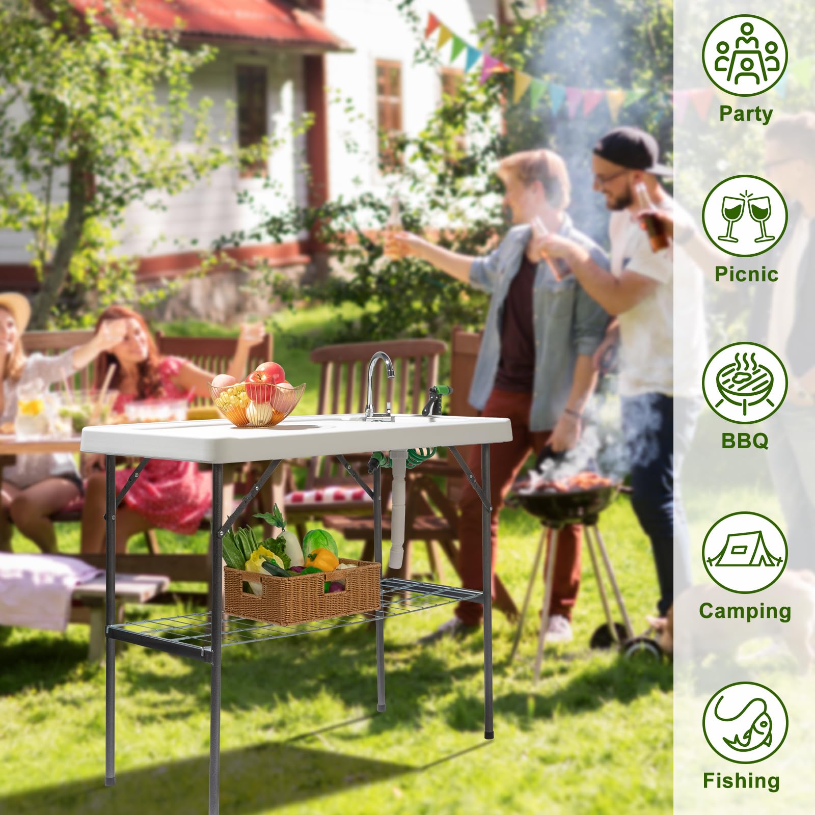 Upgraded VINGLI Folding Fish Cleaning Table with Sink - Portable Camping Sink Table with Grid Rack & Sprayer - Fish Fillet Cutting Table with Drainage Hose for Outdoor Cooking, Backyard BBQ, Camping & Fishing Trips