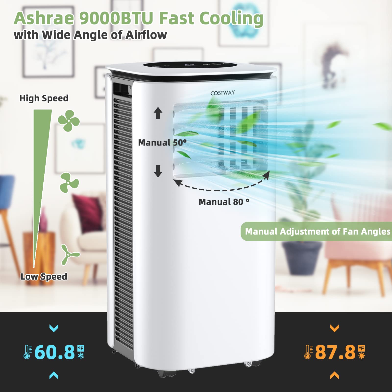 COSTWAY 9000BTU Portable Air Conditioner with Remote Control, 2 Fan Speeds & 24H Timer - Cools Rooms Up to 350 sq.ft - Includes Window Installation Kit - Perfect for Bedrooms, Offices & Small Apartments