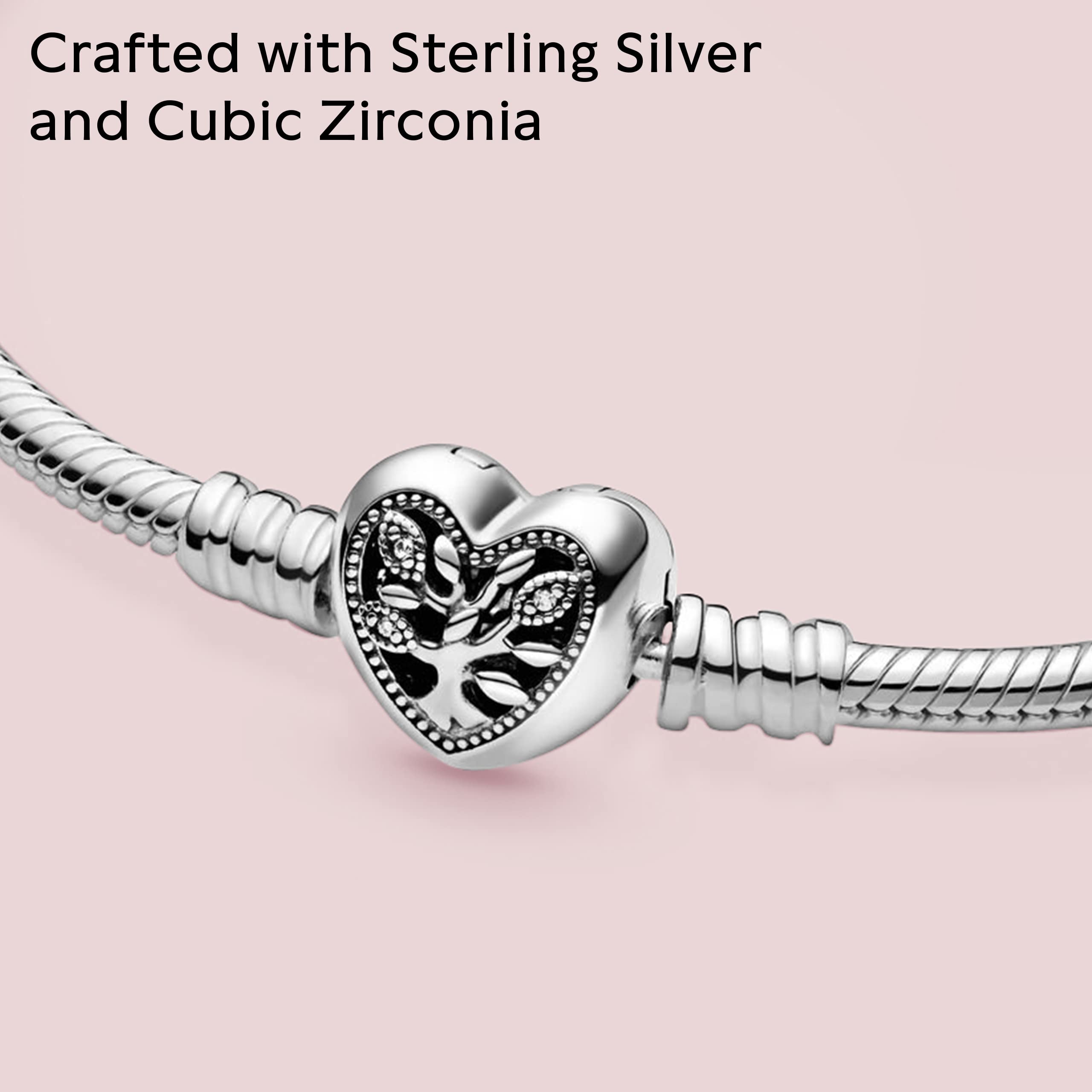 PANDORA Moments Family Tree Heart Clasp Snake Chain Bracelet - Sterling Silver with Cubic Zirconia - Compatible with PANDORA Charms - Elegant Gift for Women - Perfect for Mother's Day, Anniversary & Special Occasions