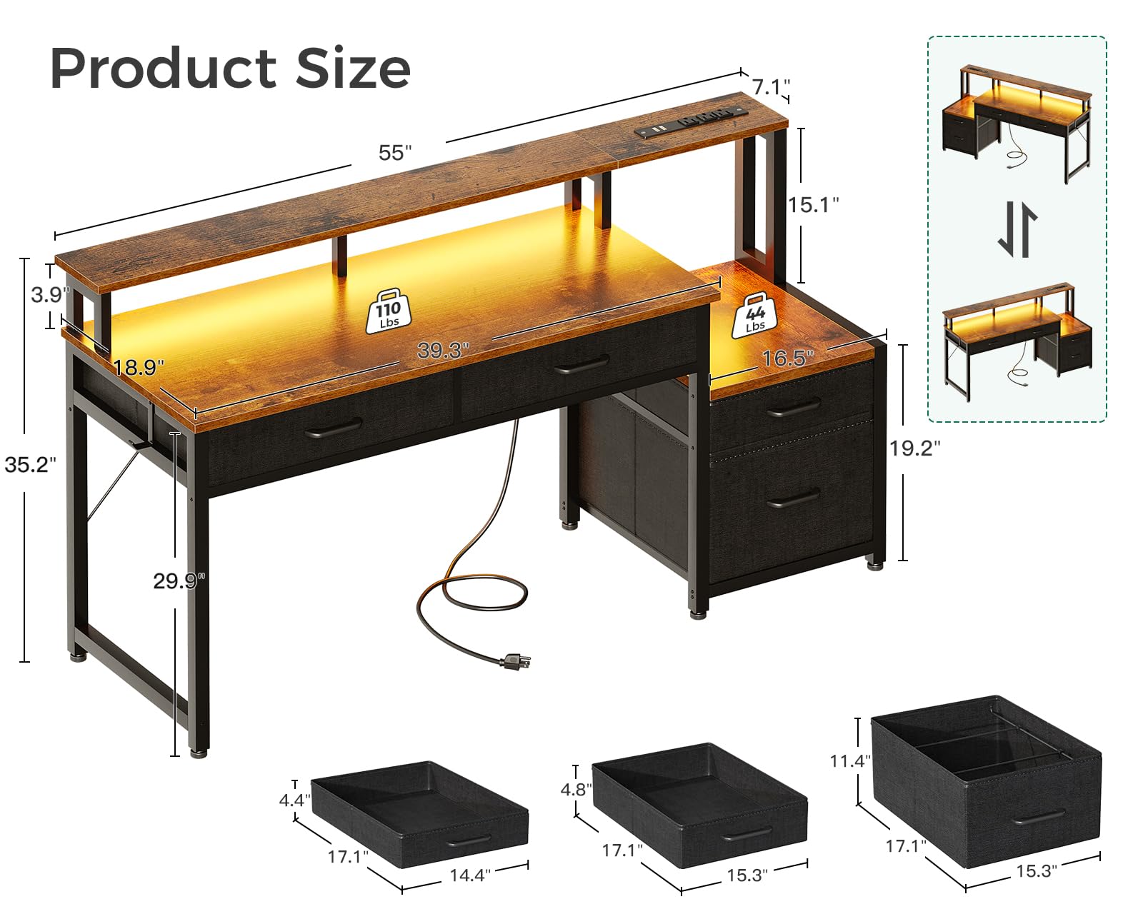 AODK 55 Inch Reversible Computer Desk with LED Lights & Power Outlet - Rustic Brown Home Office Desk with 4 Drawers, File Storage & Monitor Stand - Perfect for Remote Work, Gaming & Study Spaces