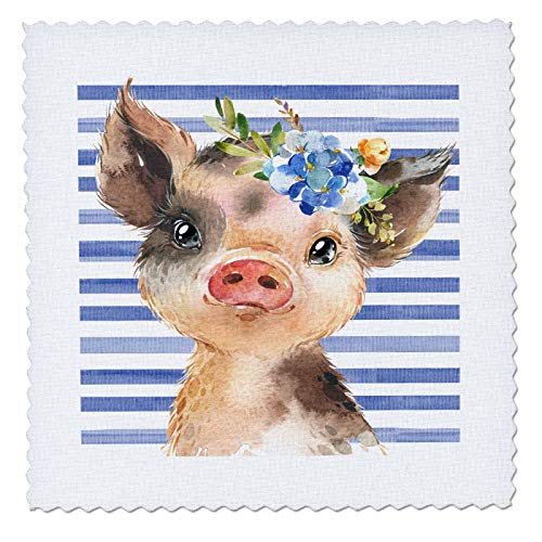 Cute Blue Floral Baby Pig on Blue Stripes Illustra