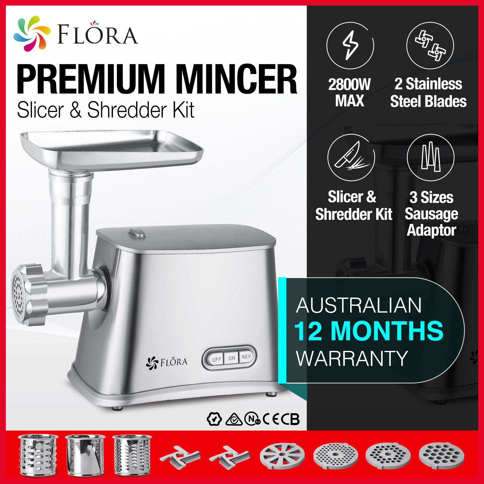 Flora Max 2800W Electric Meat Grinder - Sausage Stuffer, Kibbeh Maker, Food Slicer & Shredder Kit (Model FL MGM GS550) - Perfect for Home Kitchen, Butcher Shop & BBQ Parties