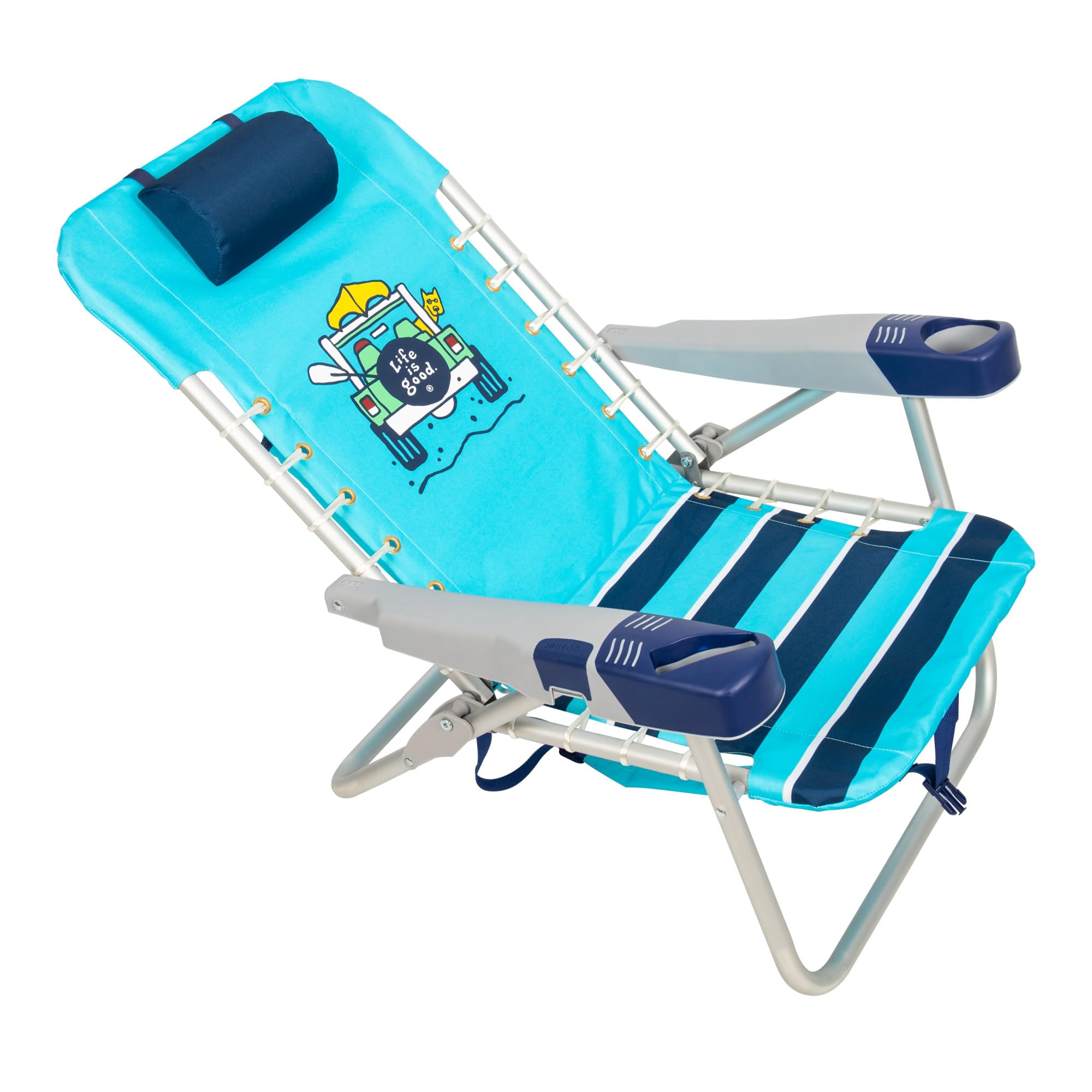 Life is Good 4-Position Adjustable Lace-up Backpack Beach Chair with Pillow, Cup Holder & Phone Pocket - Portable Folding Camping Chair for Beach, Park, Travel & Outdoor Activities - Island Blue