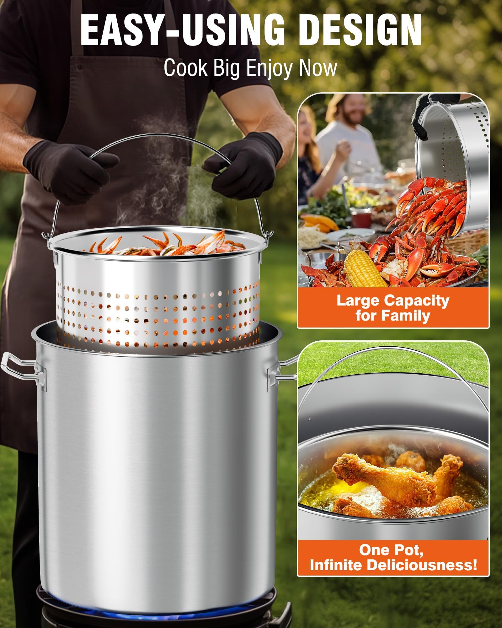 60QT Stainless Steel Seafood Boil Pot with Basket & Lid - Commercial Turkey Fryer for Crab, Lobster, Crayfish & Shrimp - Outdoor Cooking & Large Gatherings (21.7