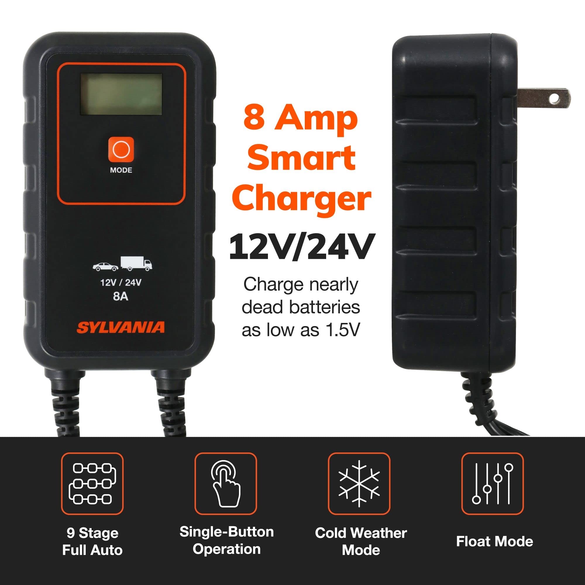 SYLVANIA Heavy-Duty 12V/24V 8A Smart Car Battery Charger & Maintainer - Portable Automotive Battery Charger for Cars, Trucks, SUVs - Perfect for Winter Storage, Long Trips & Emergency Jump Starts