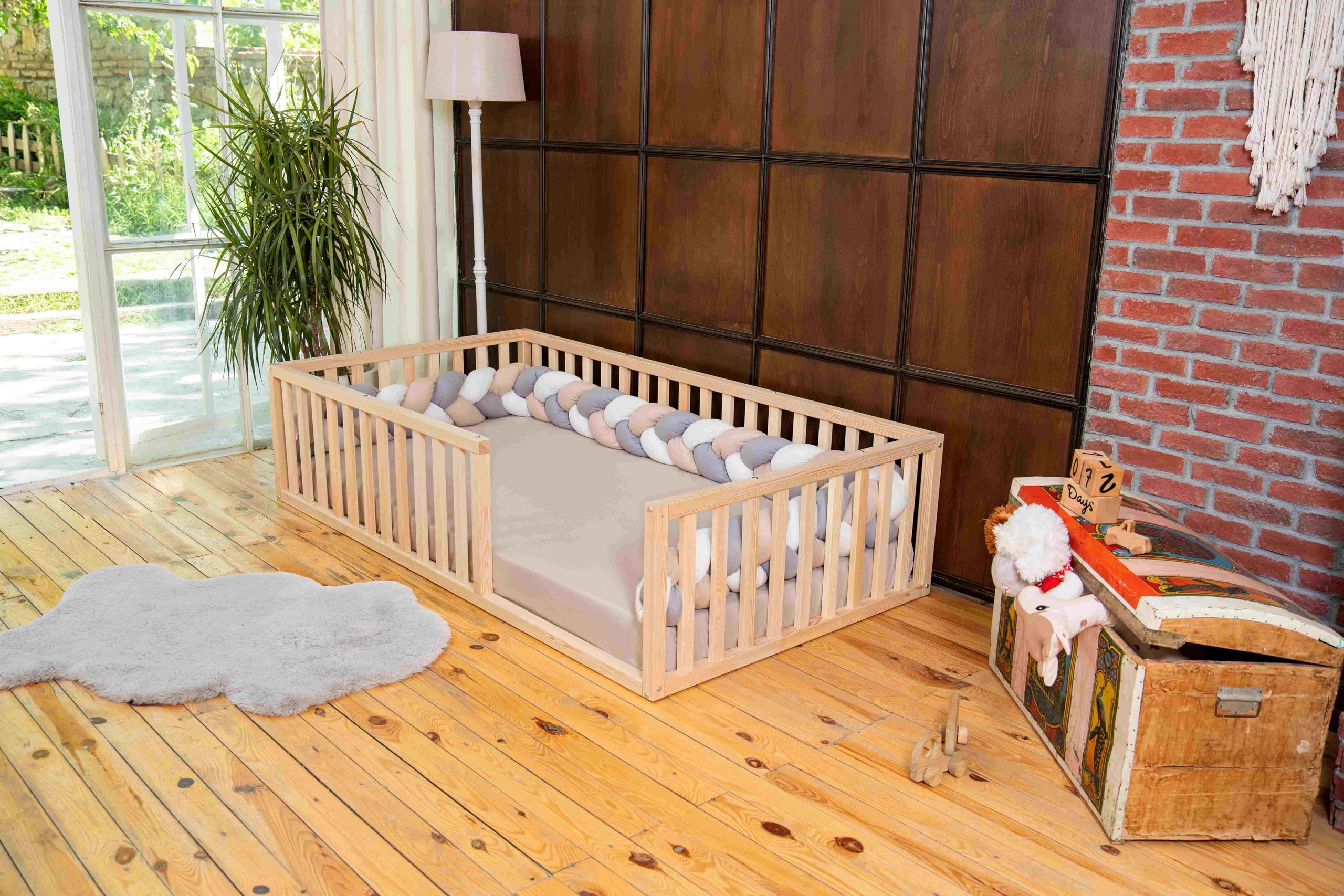 Montessori Floor Bed for Toddlers - 52x27.5 Inch Small Wooden Bed Frame with 18.9