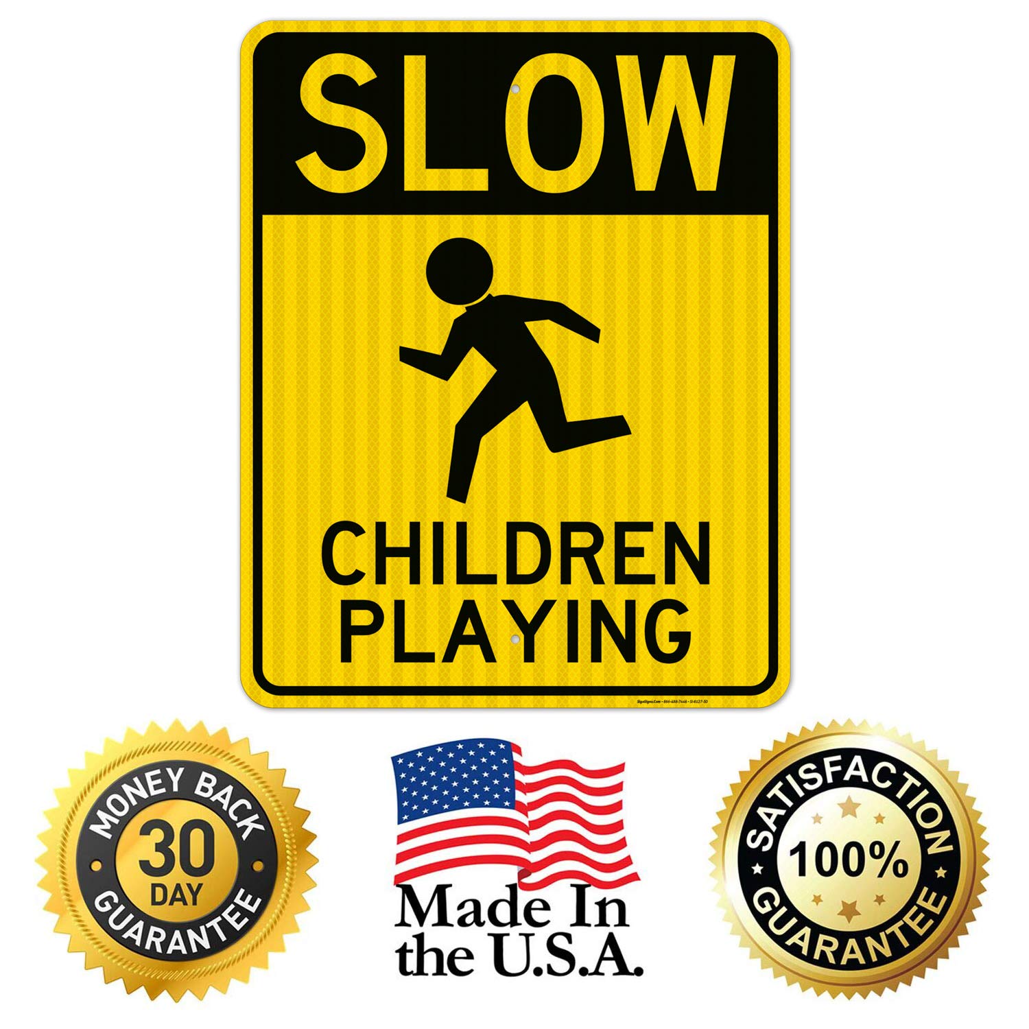 Slow Children Playing Sign - 24x30 Inches Reflective Aluminum Board - 3M EGP .080 Thick - Fade Resistant & Easy Mounting - Indoor/Outdoor Safety Sign - Made in USA - Perfect for School Zones, Neighborhoods & Play Areas