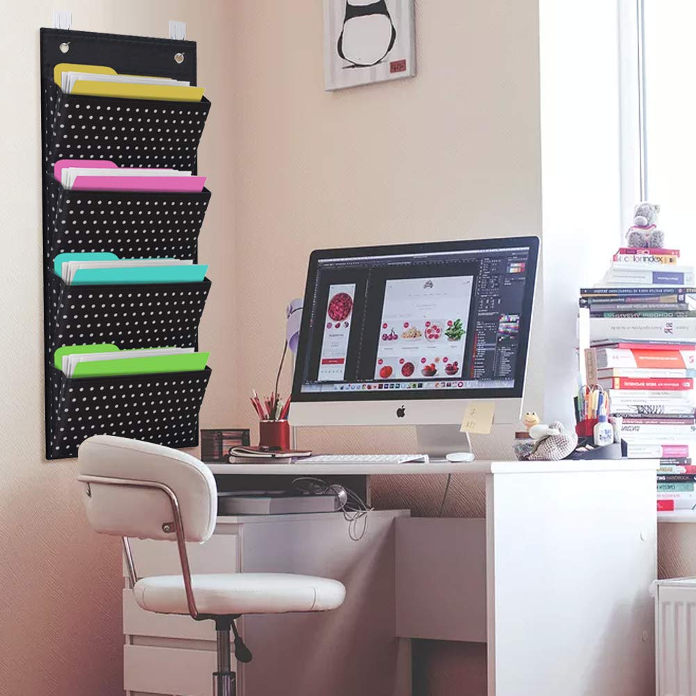 Eamay Wall Mount & Over Door File Organizer - 4 Large Hanging Storage Holders for Office Documents, School Supplies, Classroom & Home Organization (White Dots Pattern) | Perfect for Office Filing, Teacher Supplies & Home Office Storage