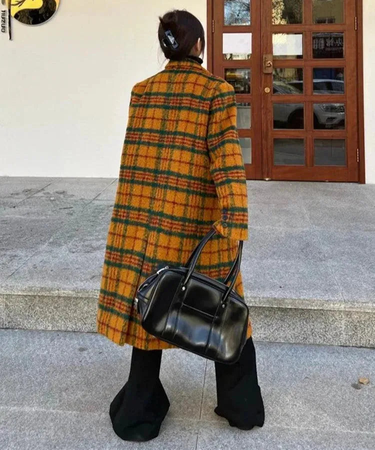 Vintage Women's Plaid Trench Coat - Classic Retro Long Overcoat for Fall & Winter - Perfect for Office, Dating & Casual Outfits