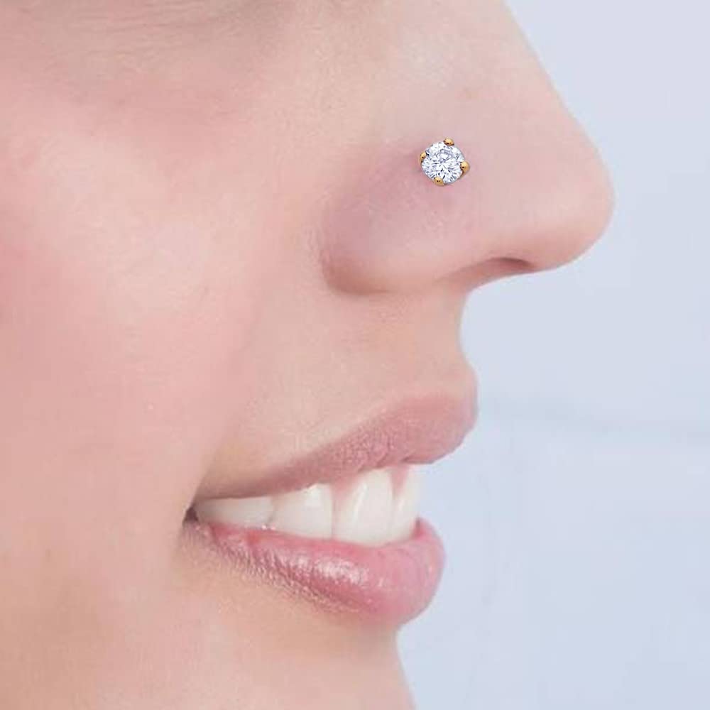 9K Solid Yellow Gold Claw Nose Stud with Clear Round CZ Stone - 22 Gauge Straight Piercing Jewelry for Women | Hypoallergenic, Comfort Fit for Daily Wear & Special Occasions