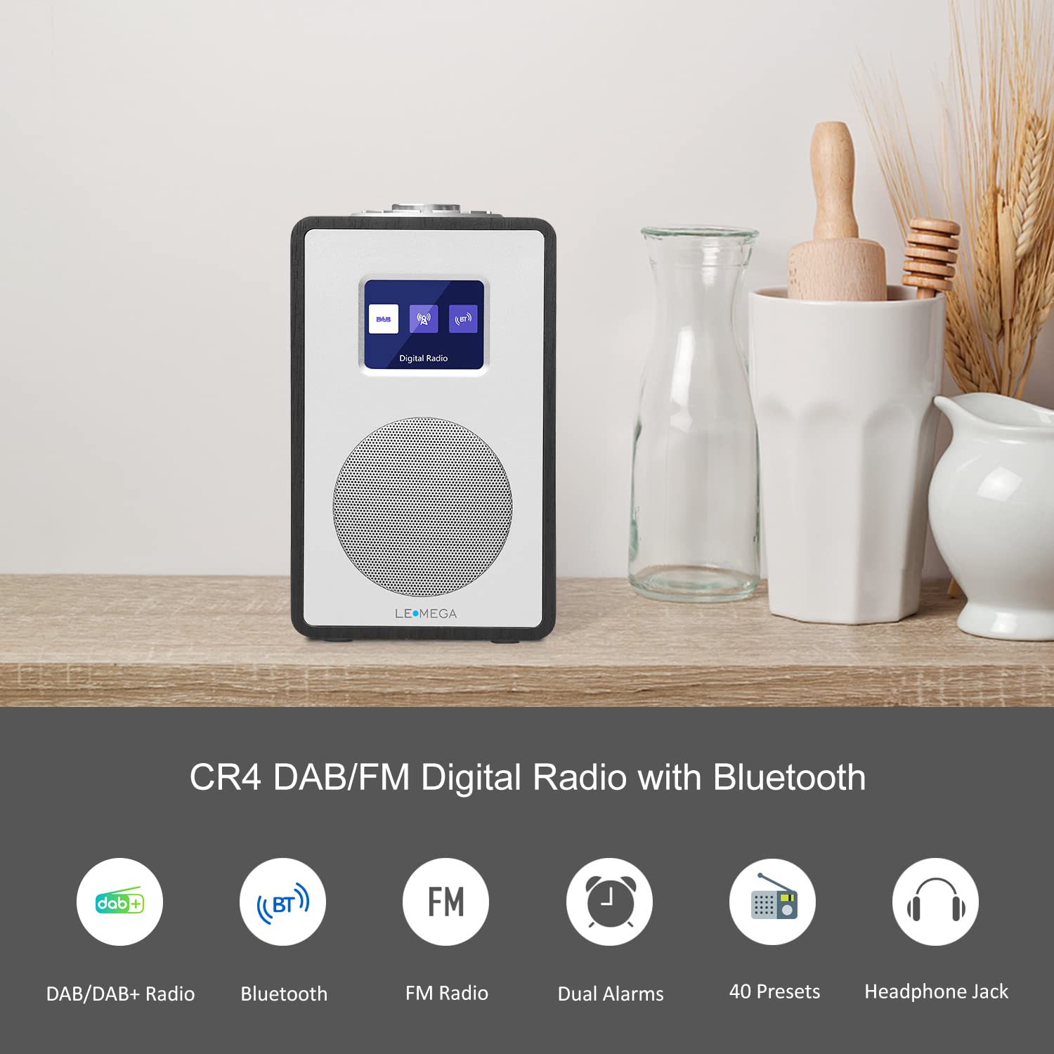 LEMEGA CR4 DAB/DAB+/FM Digital Radio with Bluetooth | Portable Wireless Radio with Mains/Battery Power | Dual Alarm Clock with Snooze | Color LCD Display | Wooden Effect (Black Oak) | Perfect for Bedroom, Kitchen & Travel