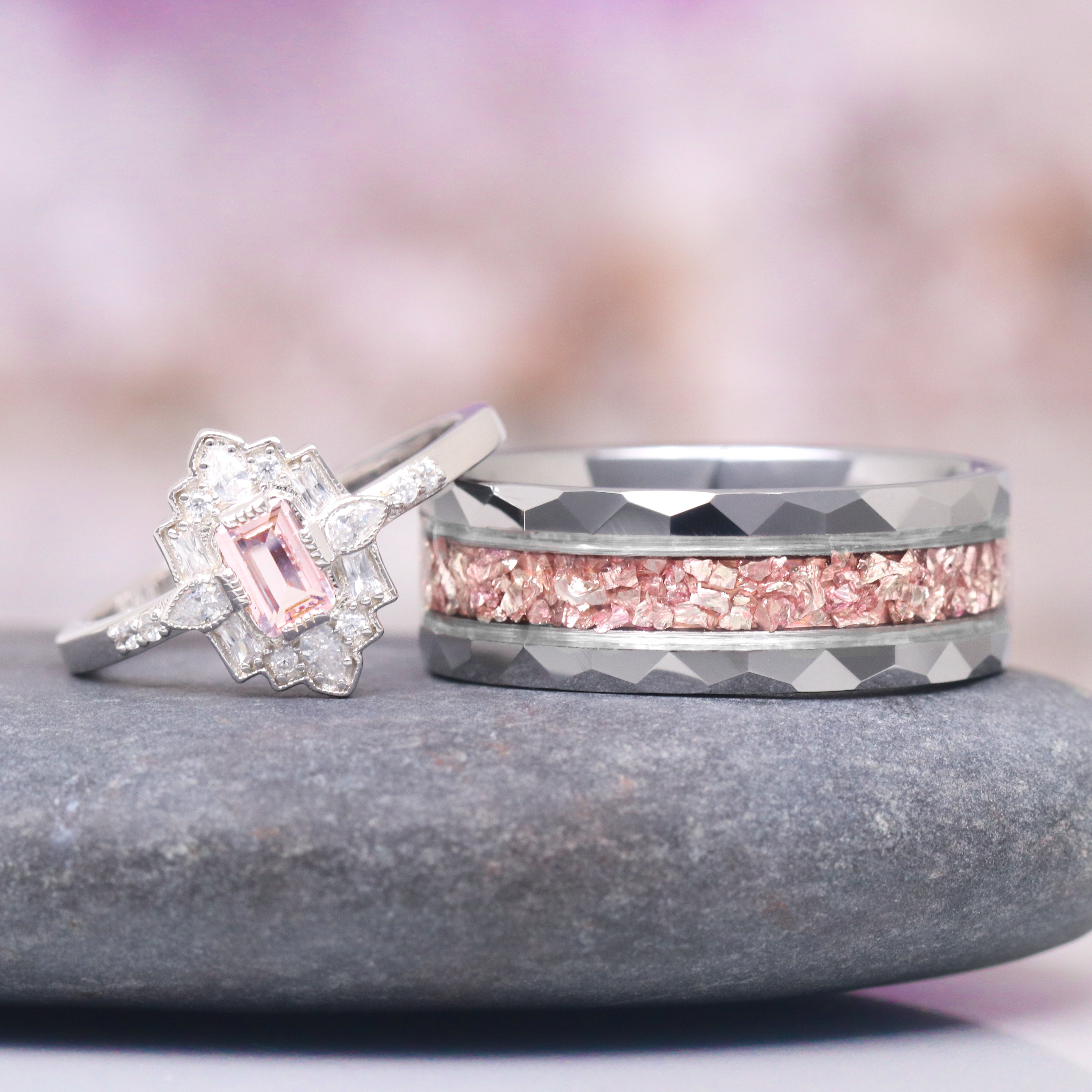 Art Deco Mosaic Morganite Couples Ring - Vintage Inspired Rose Gold Wedding Band for Women & Men - Perfect for Anniversaries, Engagements & Romantic Gifts