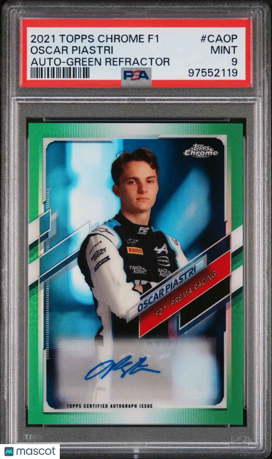 2021 Topps Chrome Formula 1 Green Refractor Auto Oscar Piastri PSA 9 37/99 - Rare F1 Racing Card for Collectors & Display