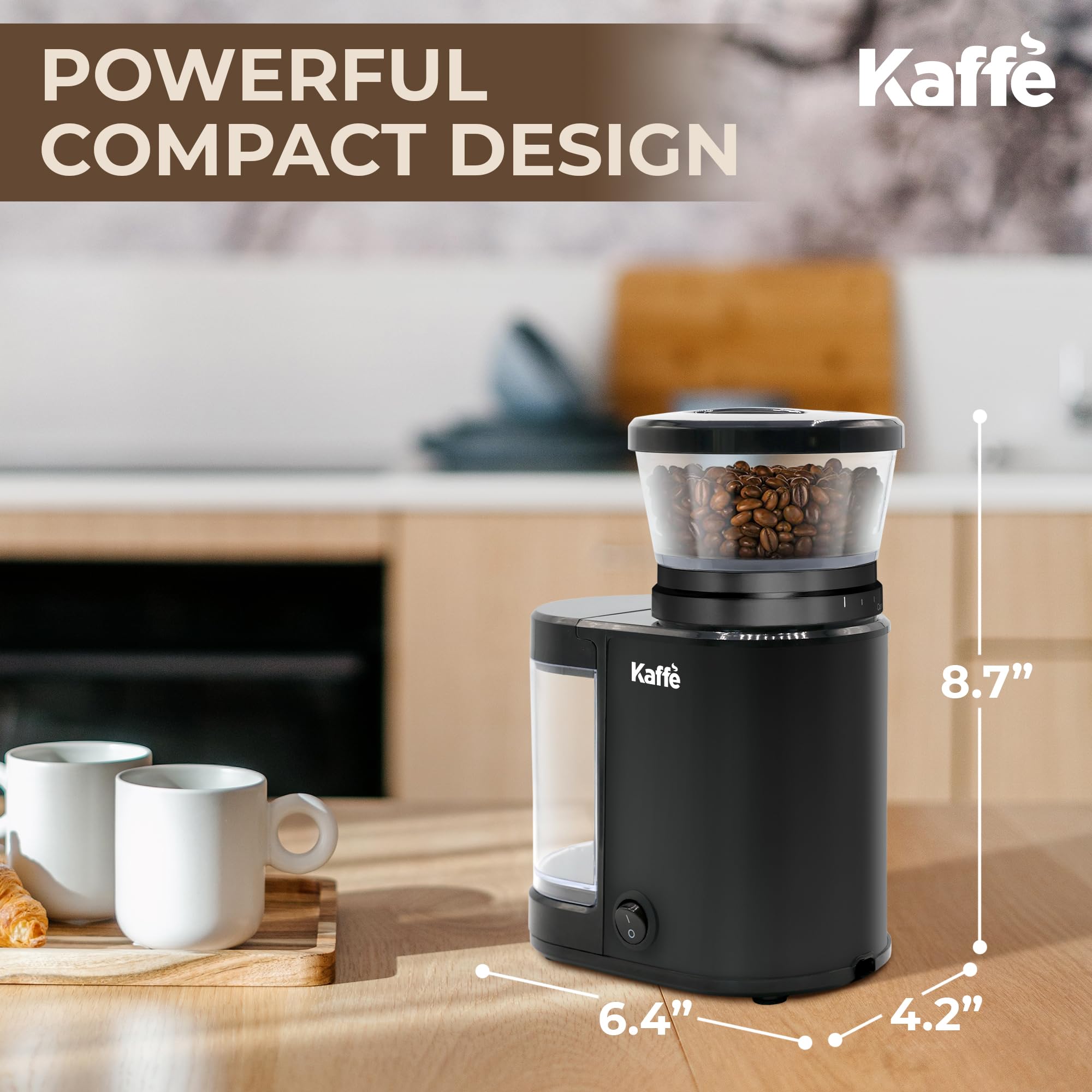 Premium Kaffe Electric Burr Coffee Grinder - 5.5oz Capacity, Adjustable Coarseness Settings & Flat Burr Design - New Upgraded Motor for Precise Grinding - Perfect for Espresso, French Press & Drip Coffee - Ideal Home Coffee Bean Grinder (Black)