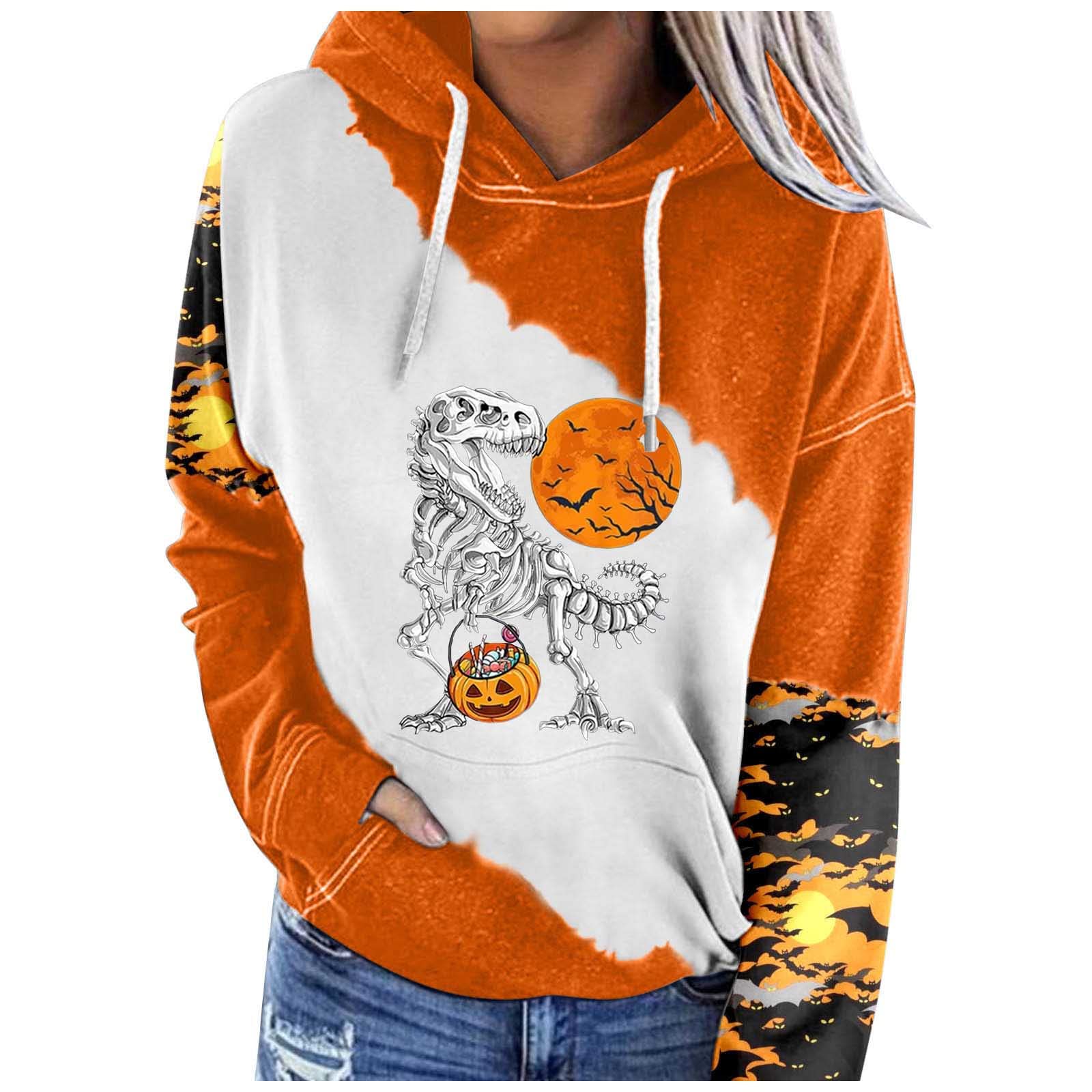 Women's Lightweight Casual Hoodie with Halloween Print, Colorblock Sleeves & Leopard Pocket - Cozy Fall Outerwear for Streetwear, Lounge & Halloween Costumes