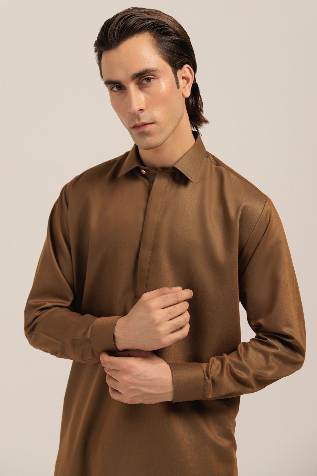 Stylish Blended Golden Kurta Shalwar Set for Men - Traditional Pakistani Ethnic Wear - Perfect for Eid, Weddings & Festive Occasions