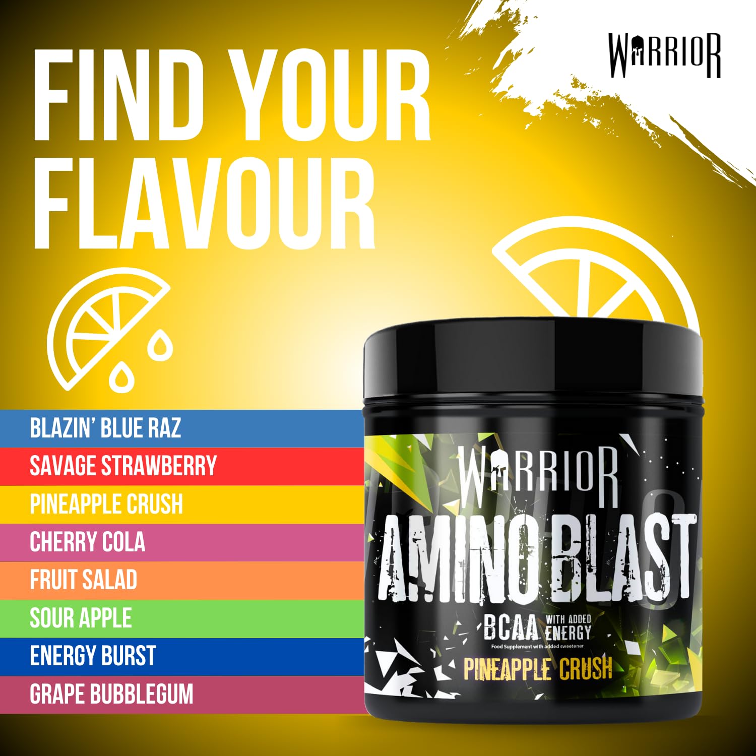 Warrior Amino Blast 270g BCAA Powder - Branched Chain Amino Acids Supplement for Workout & Recovery - Pineapple Crush Flavor Energy Drink (30 Servings) - Pre, Intra & Post Workout Boost for Athletes & Fitness Enthusiasts