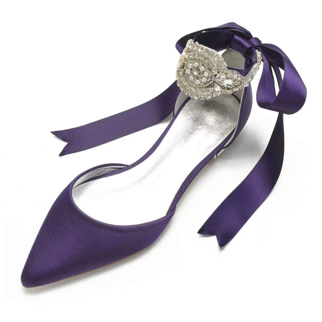 Satin Crystal Wedding Flats for Bride - Pointed Toe Ribbon Tie Bridal Shoes for Women | Perfect for Wedding Ceremony, Reception & Party Events