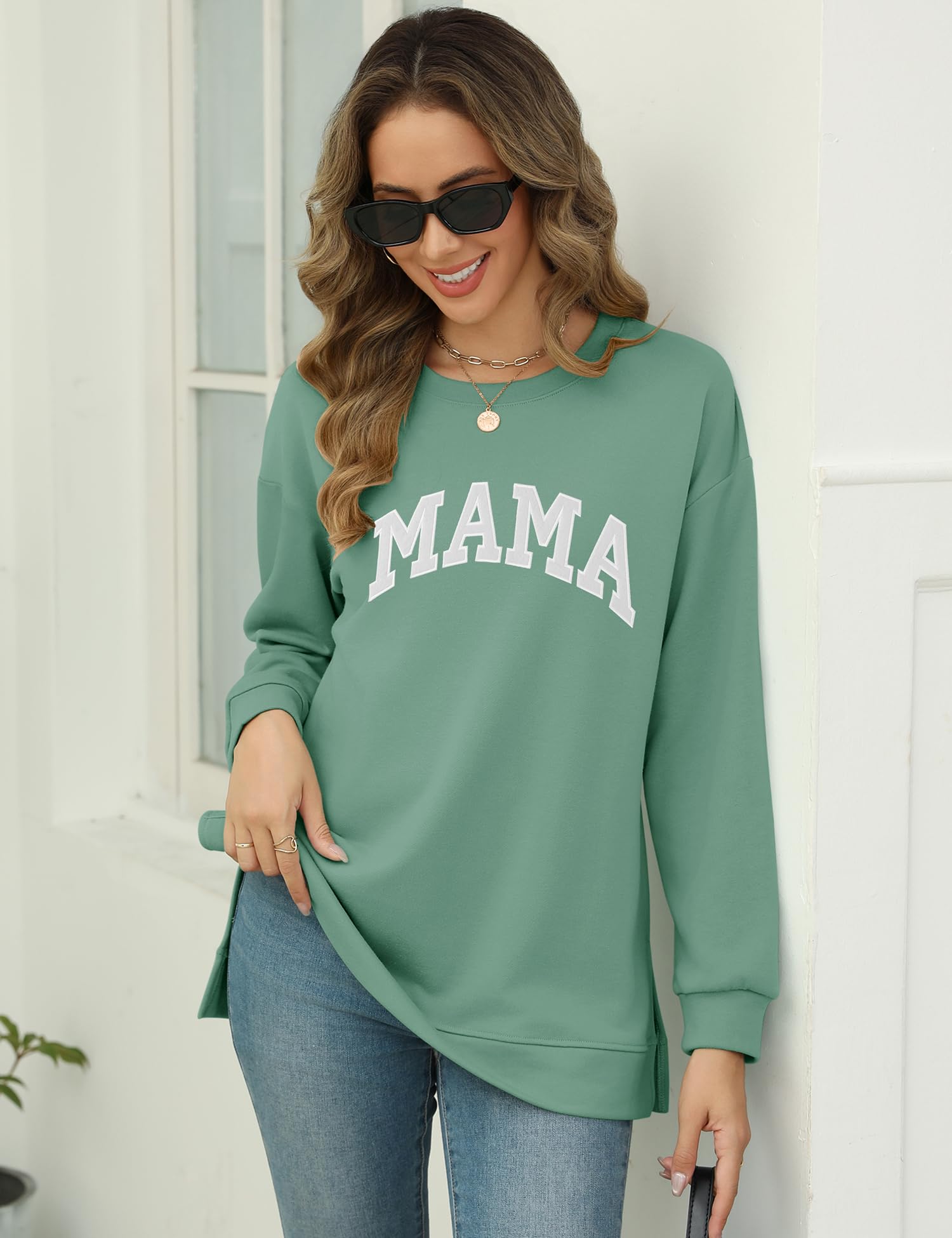 LOMON Women's Long Sleeve Crewneck Oversized T-Shirt - Split Side Graphic Tee Fall Pullover Top for Casual Wear & Layering | Perfect for Autumn Outfits, Lounge Wear & Street Style Fashion
