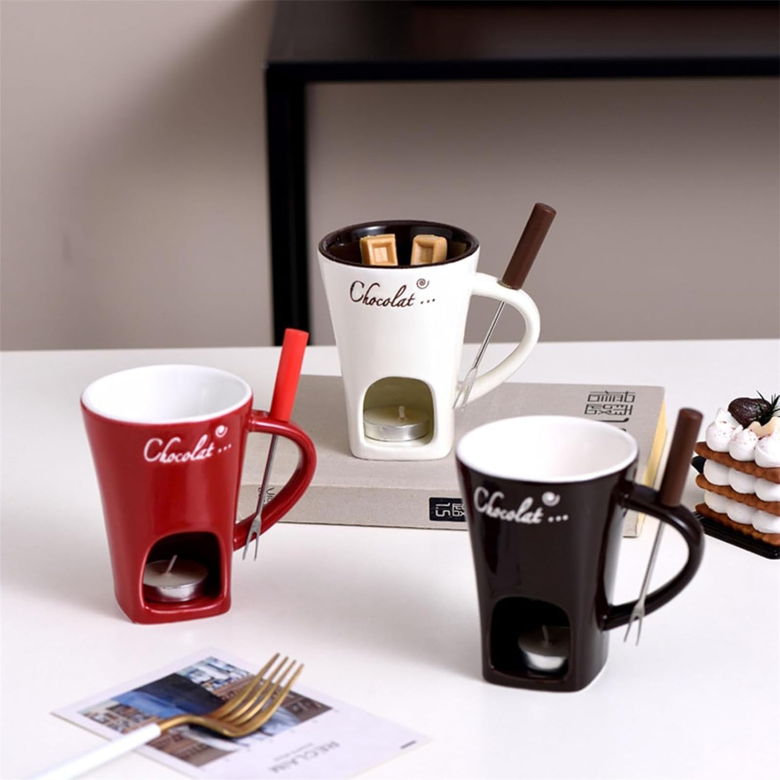 Tealight Fondue Cups Set - Mini Ceramic Chocolate Melting Mug with Fork, Black - Perfect for Romantic Dinners, Dessert Parties & Fondue Nights