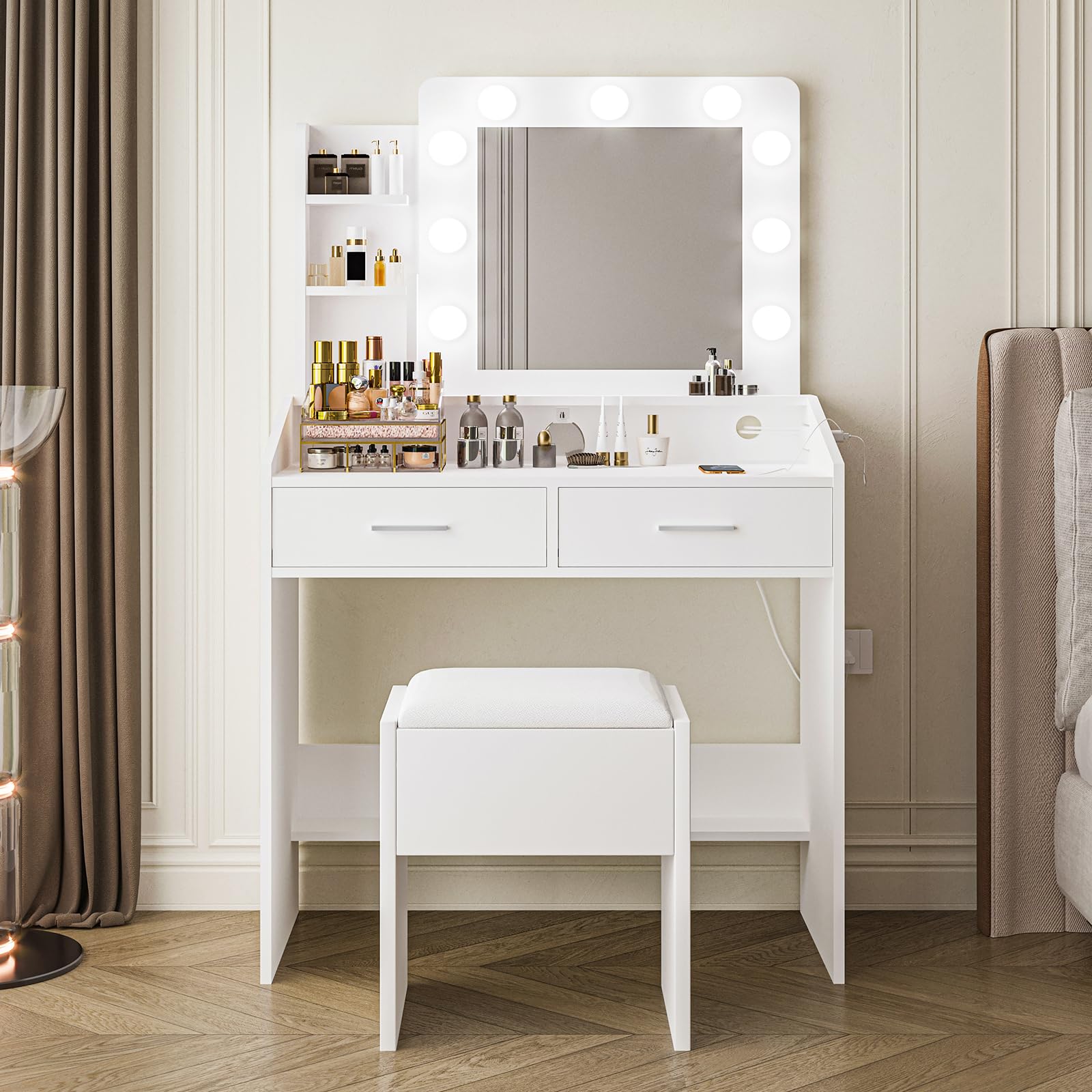 Vanity Desk with Mirror and Lights - Adjustable Brightness Makeup Vanity Set with Power Outlet, Cushioned Stool & 3 Lighting Modes, White Dressing Table with Hairdryer Holder for Bedroom, Bathroom & Salon Use