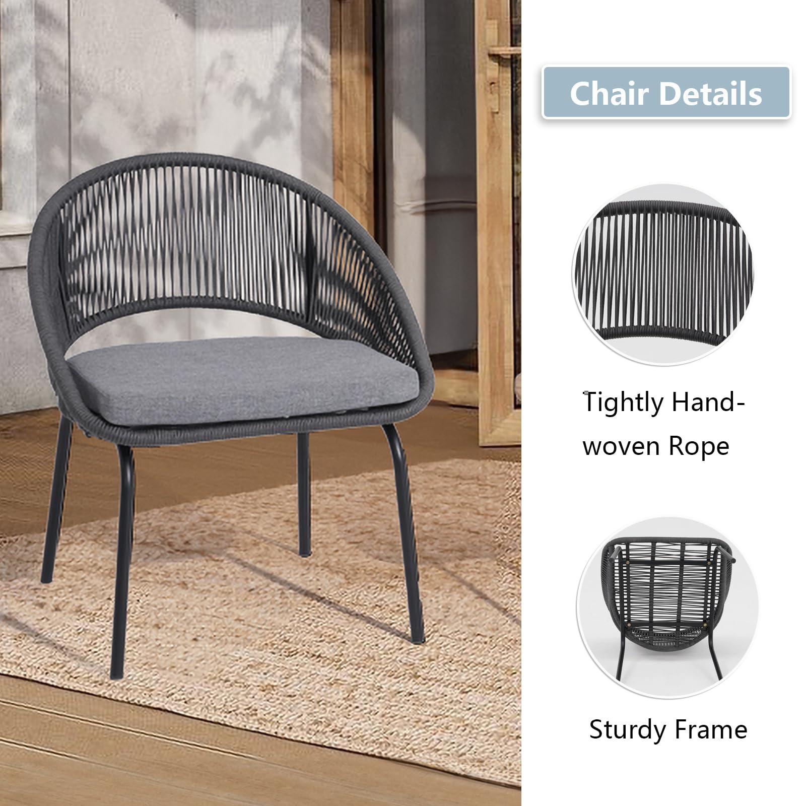 Yangming 3-Piece Outdoor Patio Furniture Set - Woven Rope Bistro Chairs with Wood Coffee Table for Garden, Backyard, Deck, Poolside & Balcony - Perfect for Relaxing, Entertaining & Outdoor Dining