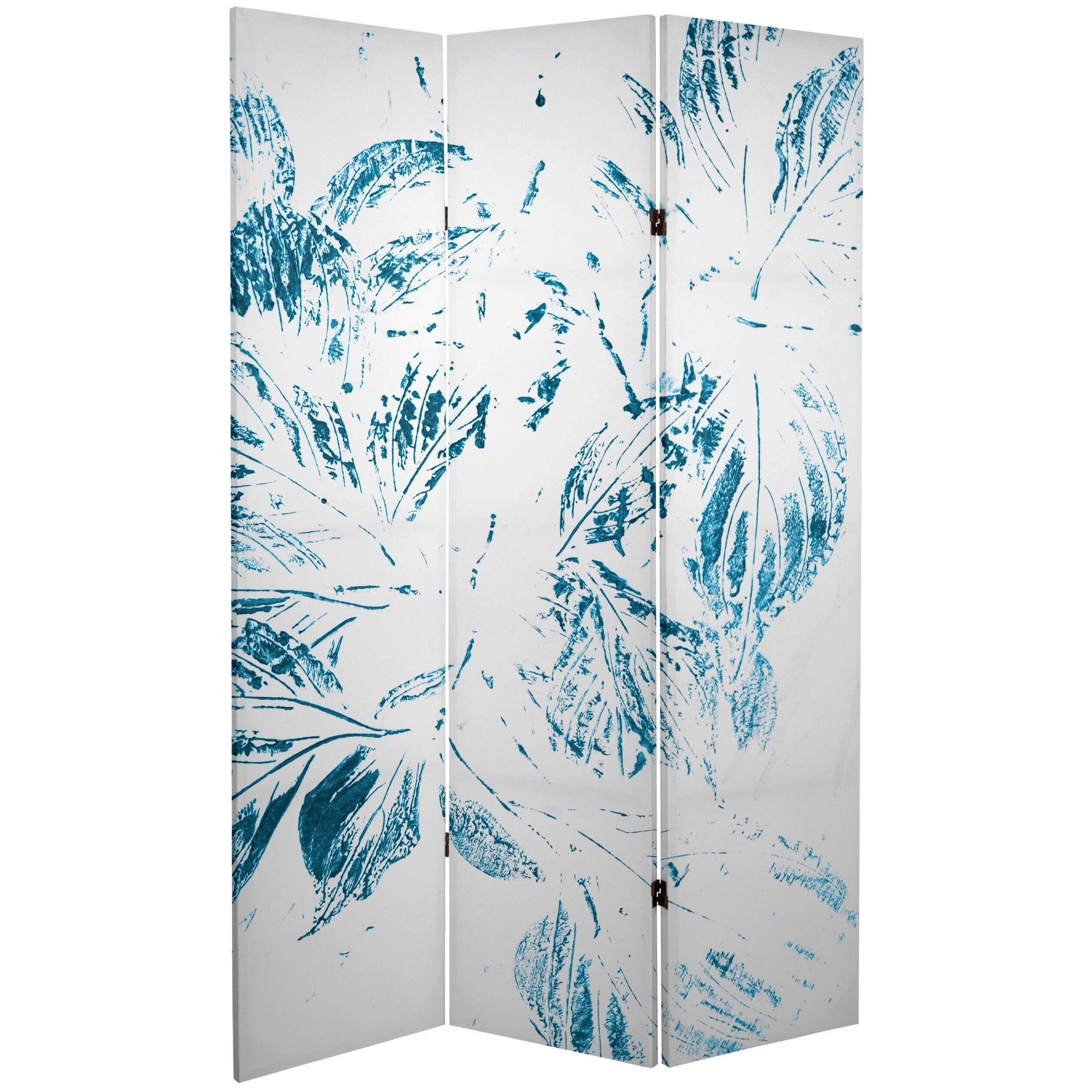 Handmade 6-Foot Canvas Room Divider with Pure Leaves Design - Foldable Blue Fabric Partition for Bedroom, Living Room & Office Space