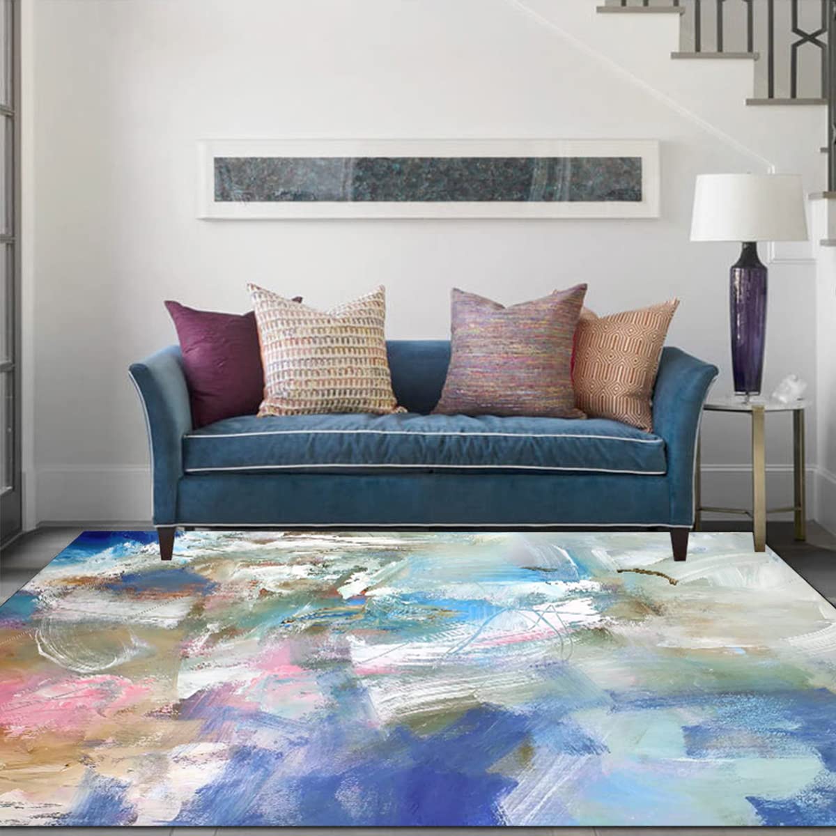 Blue Grey Vintage Retro Modern Abstract Area Rug 7x10 ft - Washable Soft Multicolor Accent Carpet for Living Room, Bedroom, Dining Room & Home Office - Non-Slip Indoor Floor Rug with Layndry Runners (Perfect for Cozy Home Decor & High-Traffic Areas)