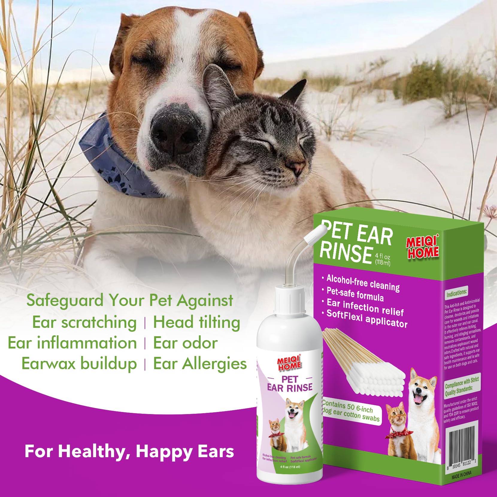 MEIQIHOME Dog & Cat Ear Cleaner - Soothes Ear Inflammation, Removes Wax & Odor - 4 Fl oz with 50 Cotton Swabs - Gentle Pet Ear Cleaning Solution for Dogs & Cats - Perfect for Regular Ear Care & Infection Prevention