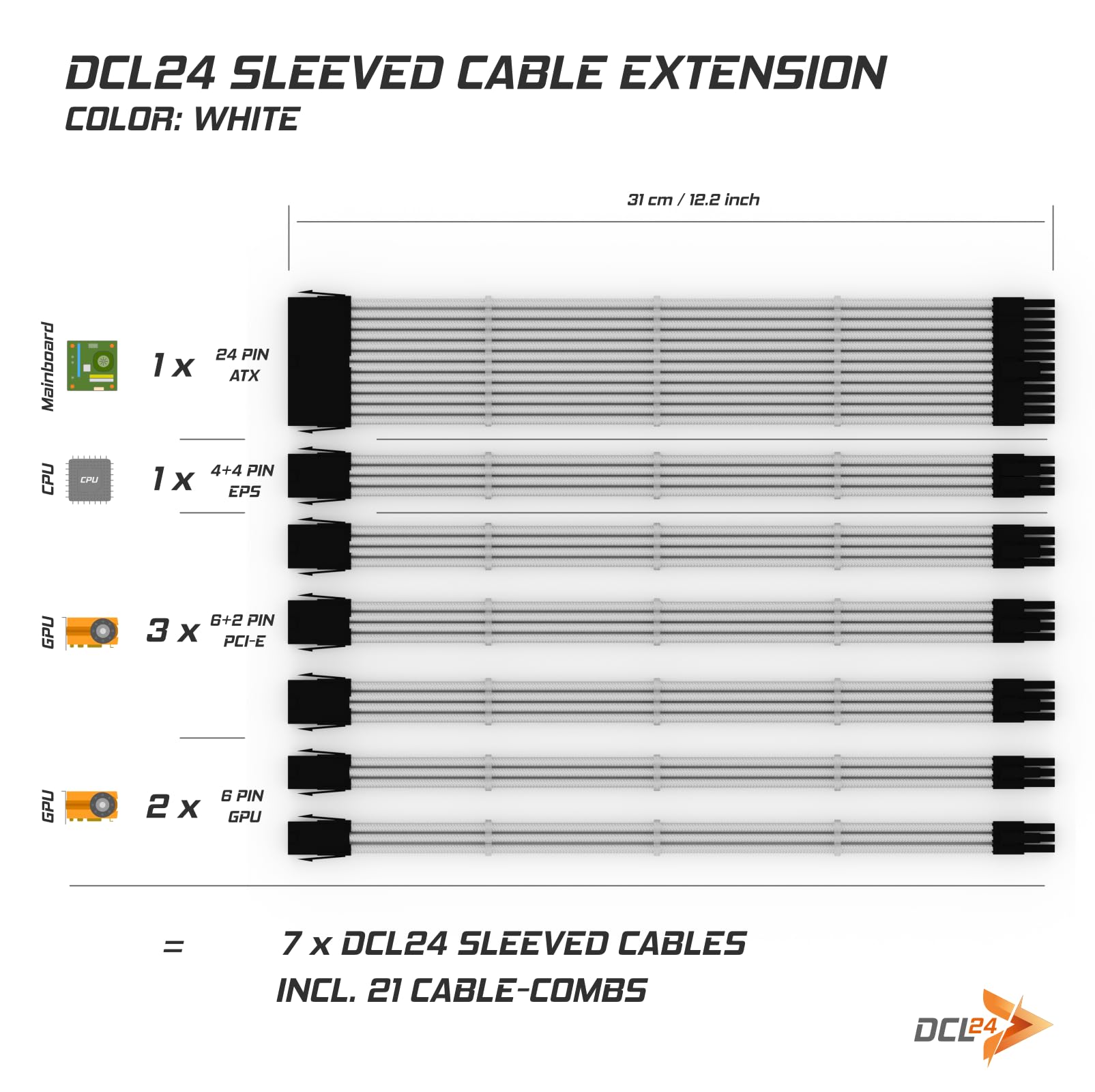 DCL24.de 30cm Sleeved Power Supply Extension Cable Kit - White PSU Cable Extensions for GPU/CPU with Cable Combs, 3x 8-Pin PCIe Connectors Compatible with All Graphics Cards - Perfect for PC Gaming Rigs and Custom Computer Builds