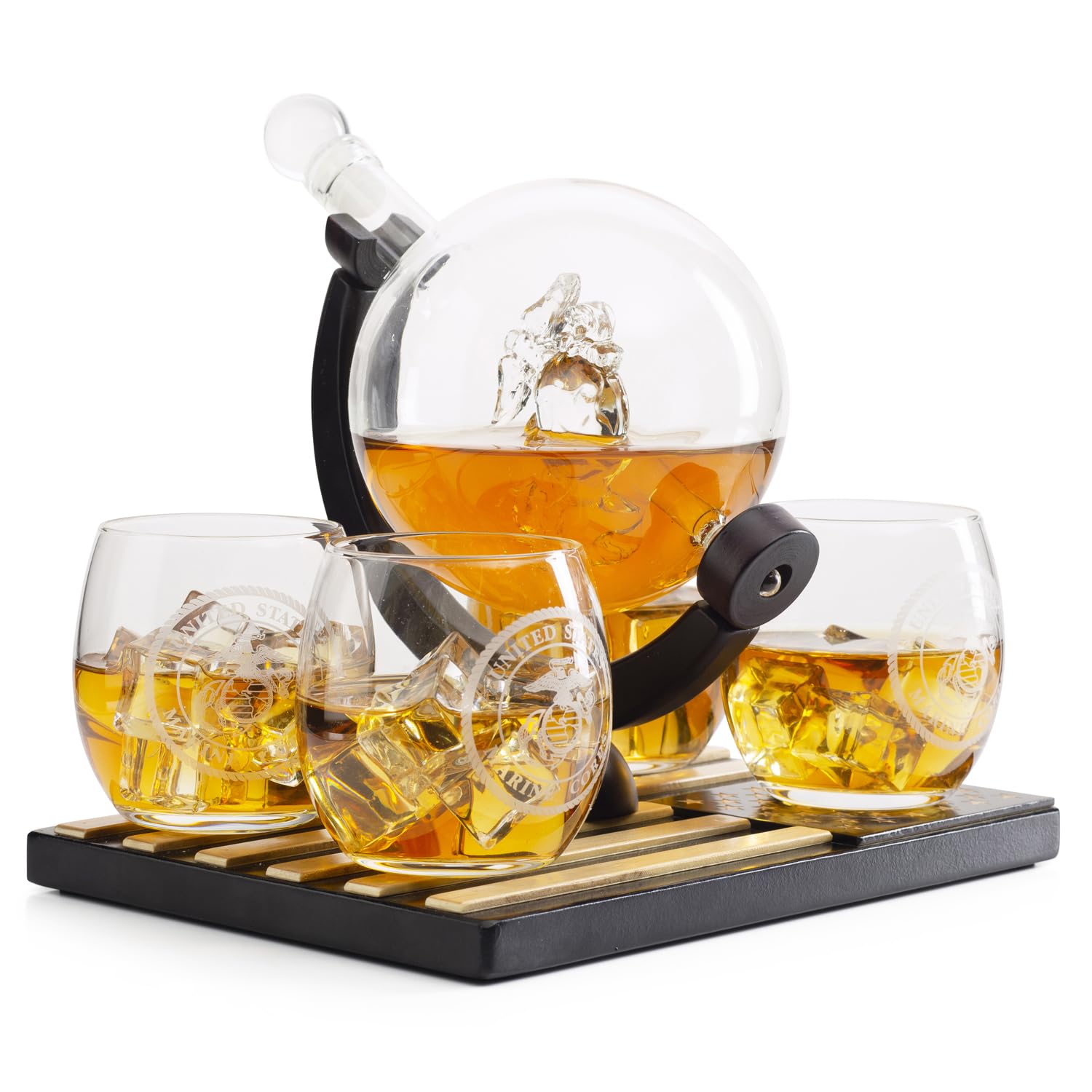 Premium U.S. Marine Globe Whiskey Decanter Set with 4 Crystal Glasses - Wooden American Flag Base - Navy Veteran Gift for Men, Dad & Military Fathers - Bourbon & Scotch Decanter Gift Set - Perfect for Home Bars, Man Caves & Patriotic Celebrations