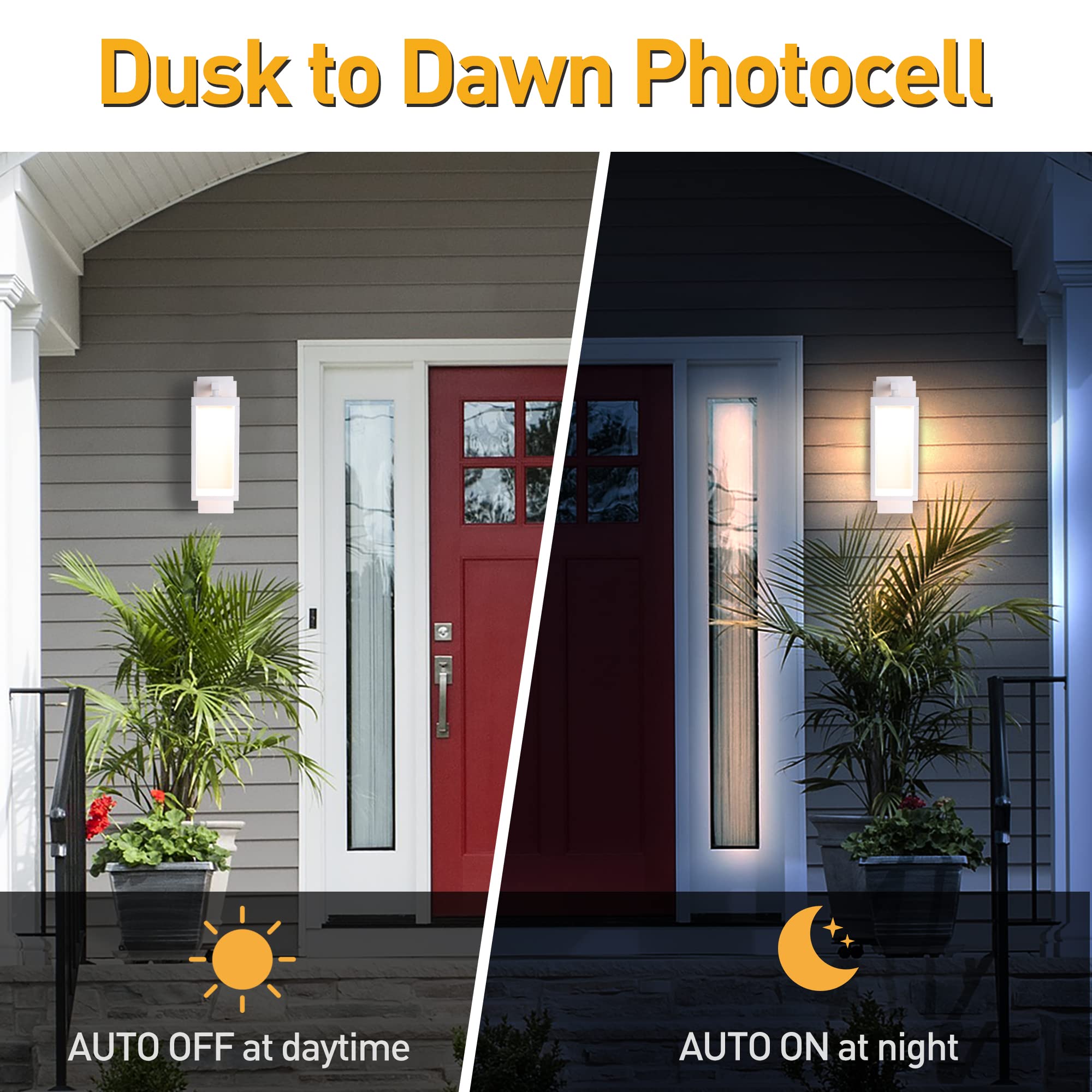 Outdoor Wall Sconce Lantern with Dusk to Dawn Sensor - White LED Exterior Light, IP54 Waterproof, Aluminum Wall Mount Lamp - 13W 800Lm 3000K Warm Light for Porch, Front Door, Garden, Patio & Pathway Lighting