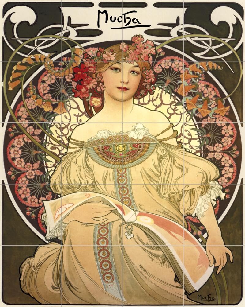 Hand-Painted Ceramic Backsplash Tile Mural - Art Nouveau & Art Deco Style Kitchen Bathroom Wall Decor - Alphonse Mucha Inspired Reverie Design for Home Renovation & Interior Decoration