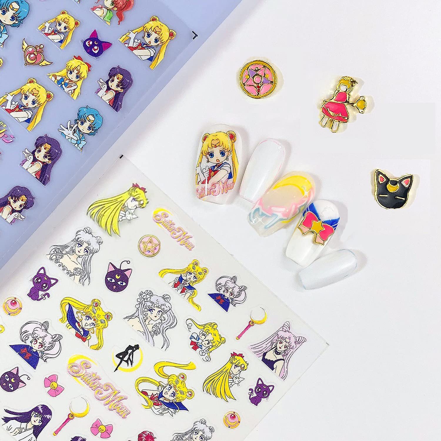 Anime Nail Art Stickers - Ultra Thin Cartoon Moon Hare Princess Decals for Kids (2 Sheets + 12PCS 3D Accessories in 4 Styles) - Perfect for DIY Nail Art, Cosplay, and Party Nail Decoration