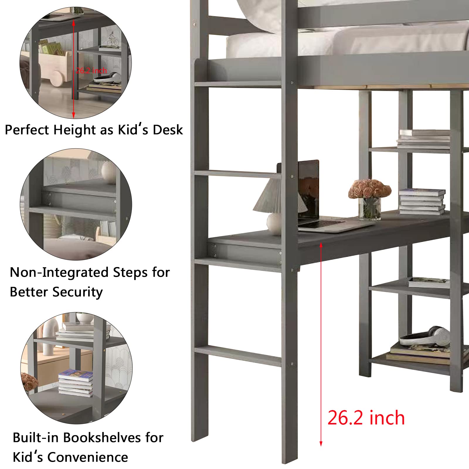 Aoowow Full Size Wood Loft Bed with Study Desk & Storage Shelves - Sturdy High Loft Bed Frame with Guardrail & Ladder for Kids & Teens - No Box Spring Needed (Gray) - Perfect for Small Bedrooms, Dorm Rooms & Space-Saving Kids' Rooms