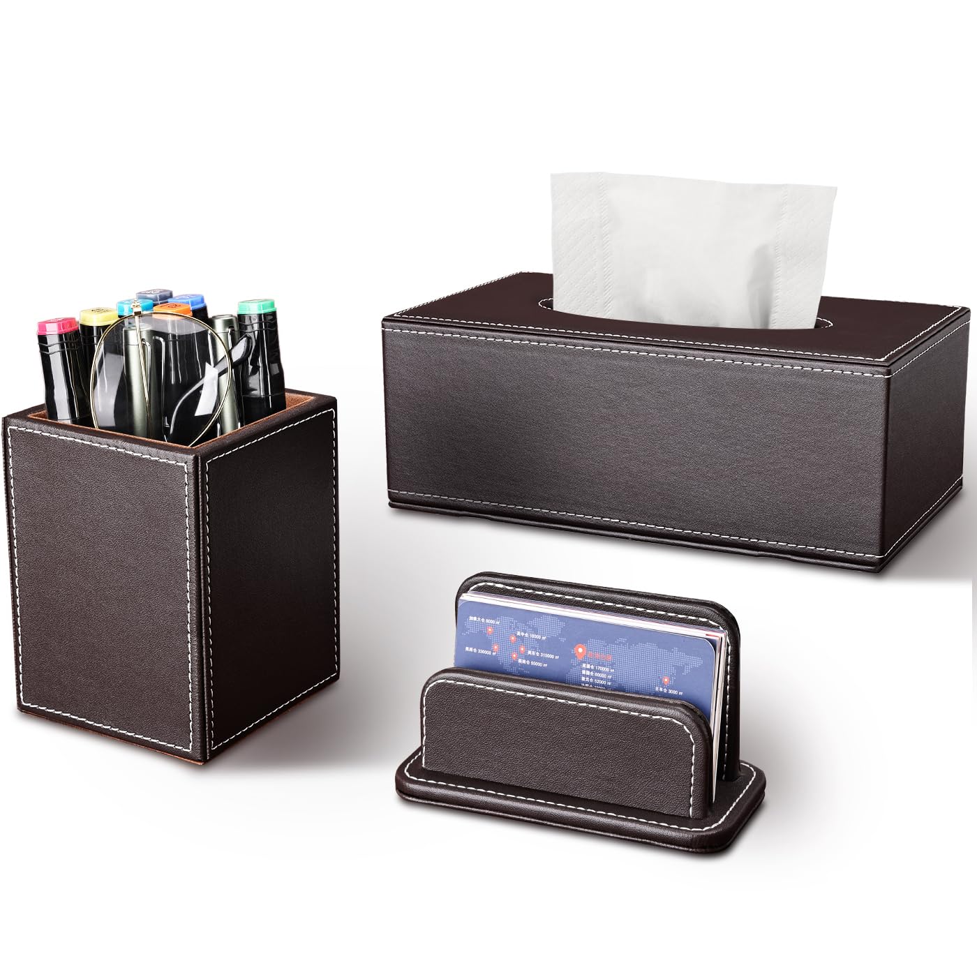KINGFOM 3-Piece PU Leather Desk Organizer Set - Tissue Holder, Pen Cup & Business Card Stand - Stylish Office Supplies for Workspace Organization | Perfect for Home Office, Study Desk & Professional Workspace