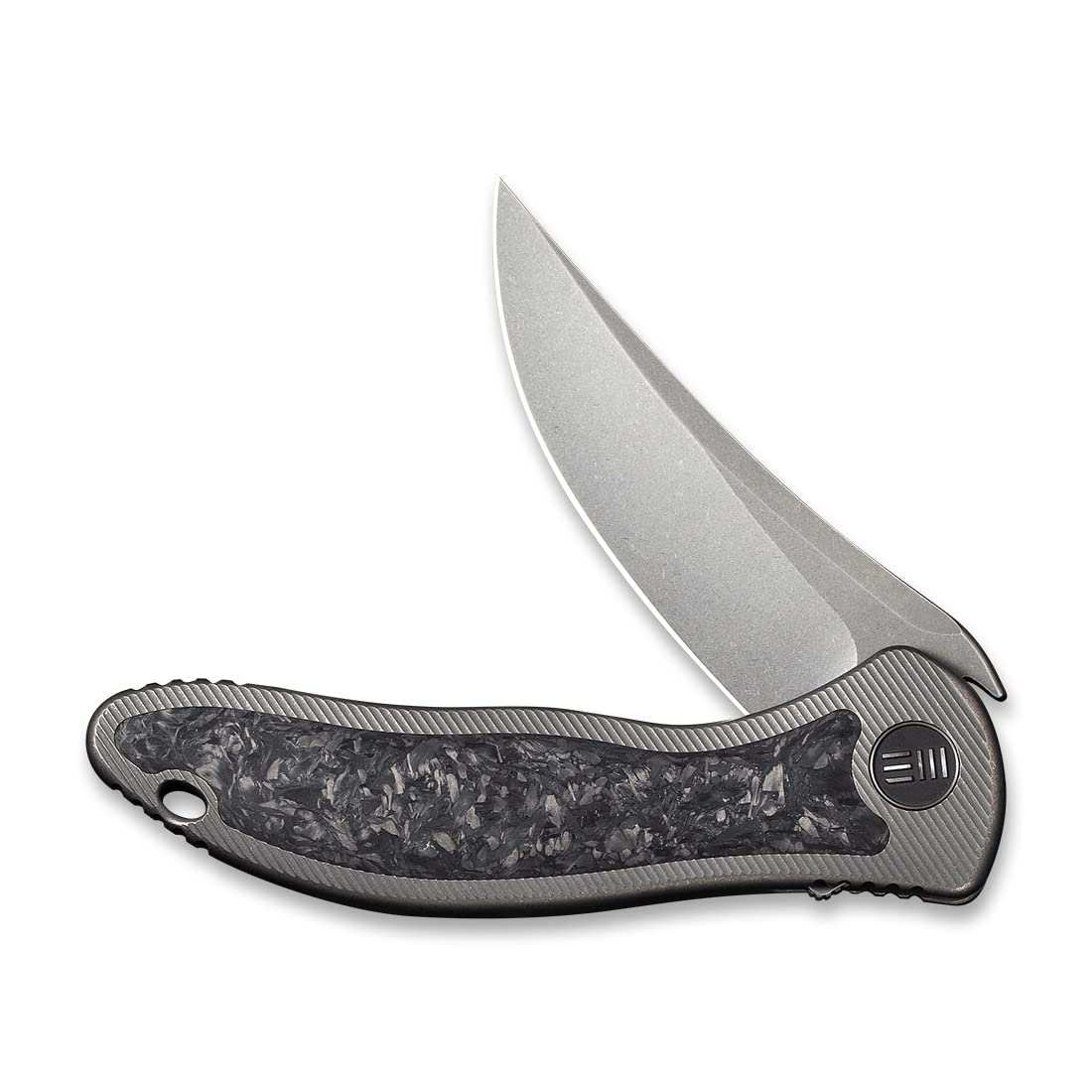 WE Knives Jim O'Young 2011CF-A Gray Titanium Integral Handle Folding Knife with Shredded Carbon Fiber Inlay - EDC, Outdoor Camping & Survival Gear