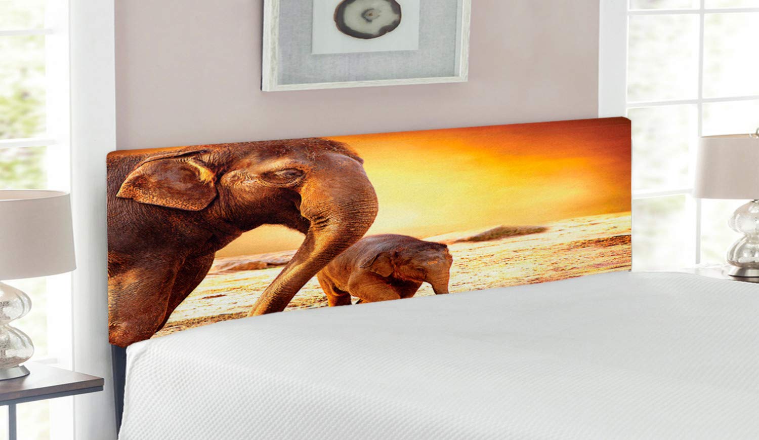 Ambesonne Zoo Headboard - Wild Animal Family Closeup Photo in Kenya Landscape, Upholstered Decorative Metal Bed Frame with Memory Foam, Queen Size, Dark Orange | Perfect for Safari-Themed Bedrooms, Kids' Rooms & Wildlife Lovers