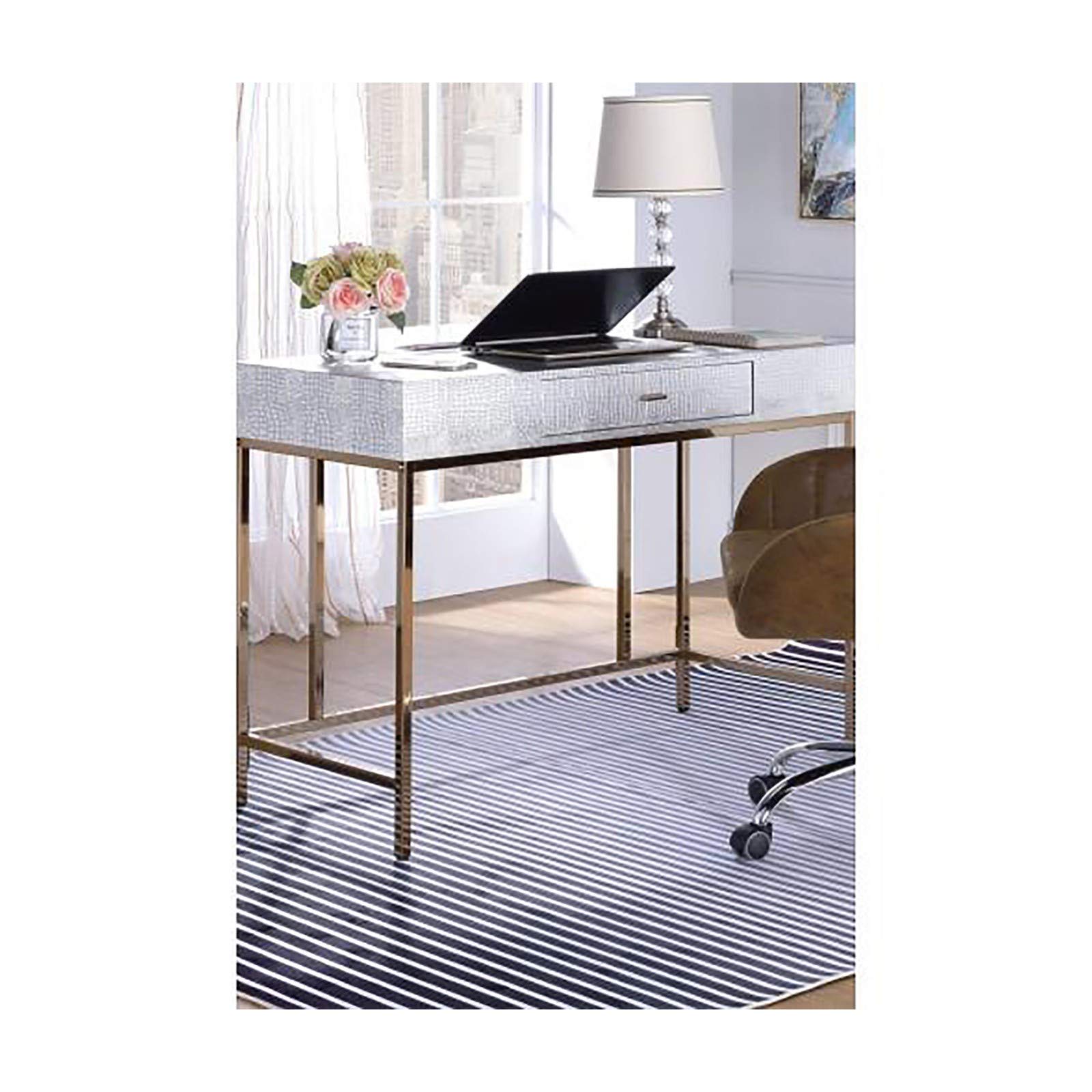 Stylish ZXCVBNM Mirrored Dressing Table with Silver PU & Champagne Finish - Elegant Vanity Desk for Bedroom Makeup & Beauty Routine