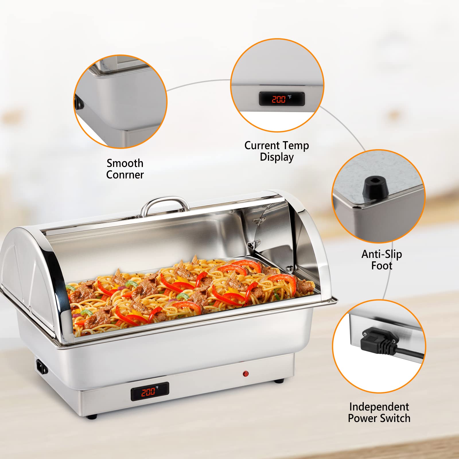 ROVSUN 2 Pack 9 QT Electric Buffet Chafing Dishes Set - NSF Certified Stainless Steel Roll Top Catering Food Warmer with Lid - Includes 2 Detachable Pans for Party, Wedding, Banquet & Catering Events - Perfect for Buffet Serving, Catering Business, and Home Entertaining