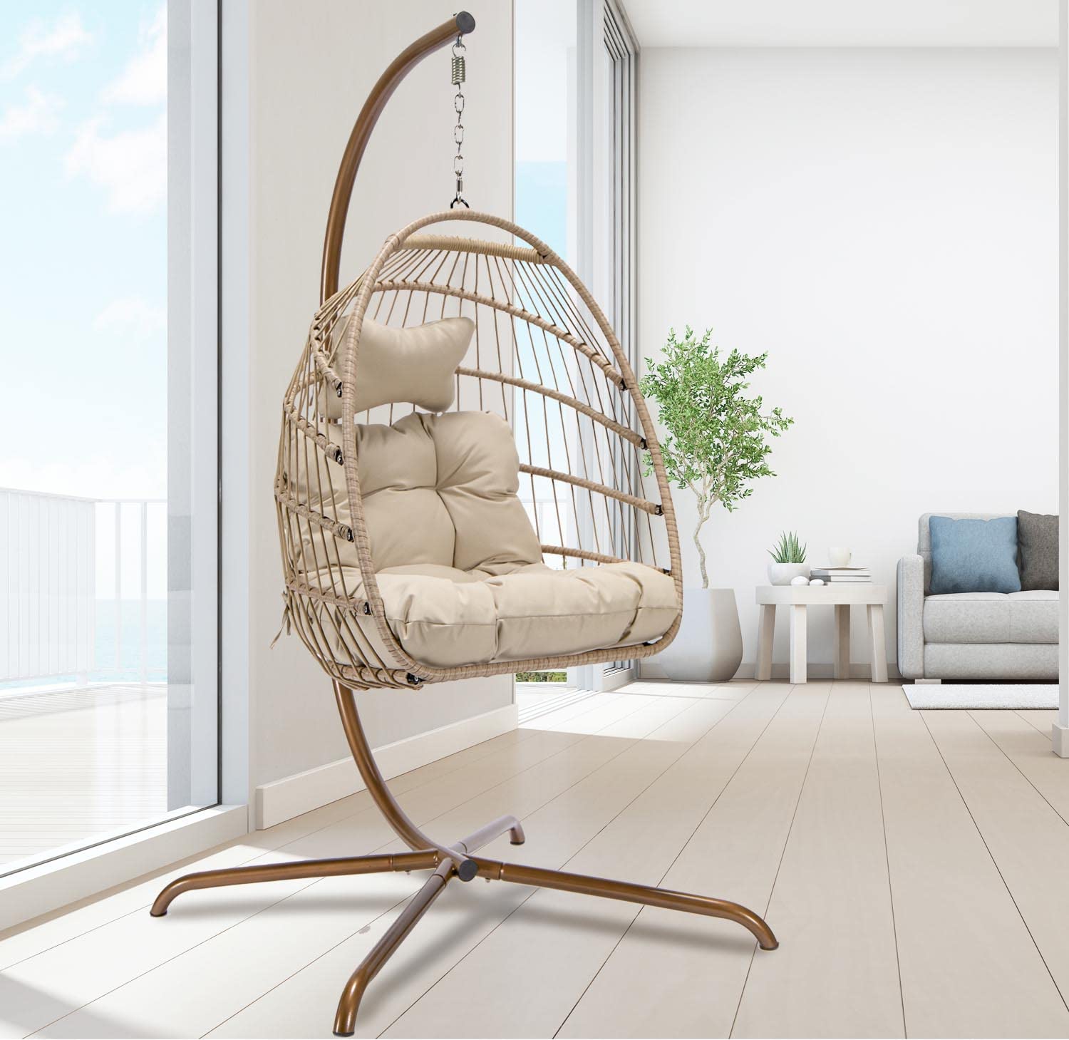 Foldable Wicker Rattan Hanging Egg Chair with Stand - Outdoor Swing Chair with Cushion & Pillow - Indoor/Outdoor Lounging Chair for Patio, Garden, Bedroom, Balcony - Perfect for Relaxing, Reading & Sunbathing (Beige)