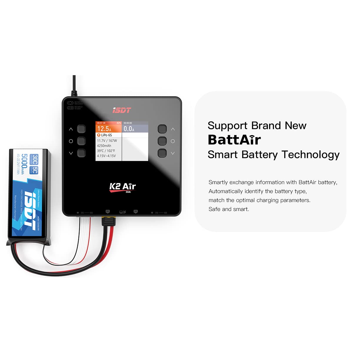 ISDT K2 Air 200W AC 500W DC Dual Channel Smart Battery Charger for RC LiPo LiHv NiMH - Bluetooth APP Control, LCD Display - Perfect for Drone, RC Car & Airplane Battery Charging