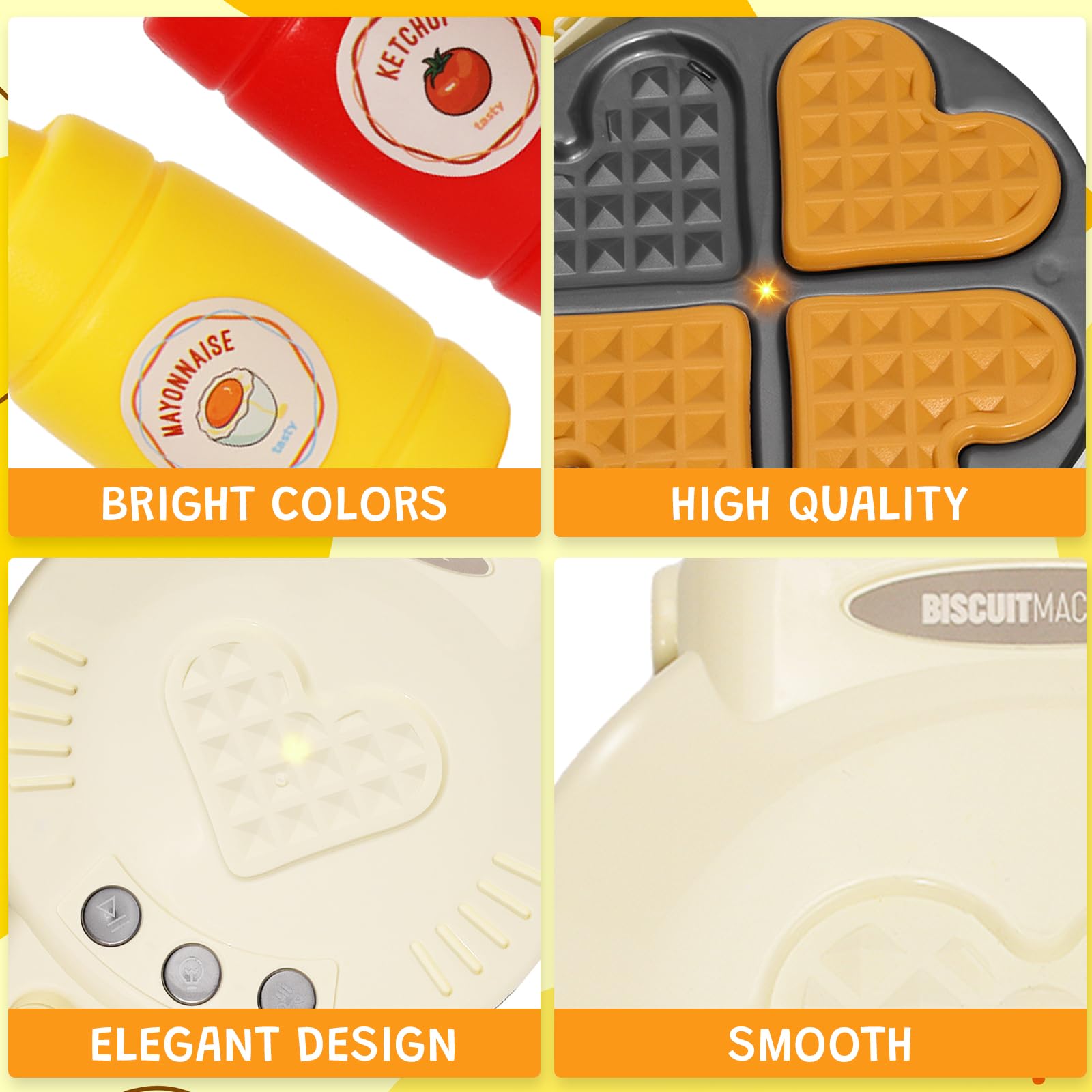 Kids Pretend Play Kitchen Set - Waffle Maker Toy with 4 Bread Pieces, Tongs & Sauce Bottle | Educational Cooking Toys for Toddlers | Perfect for Role Play, Birthday Gifts & Preschool Learning Activities